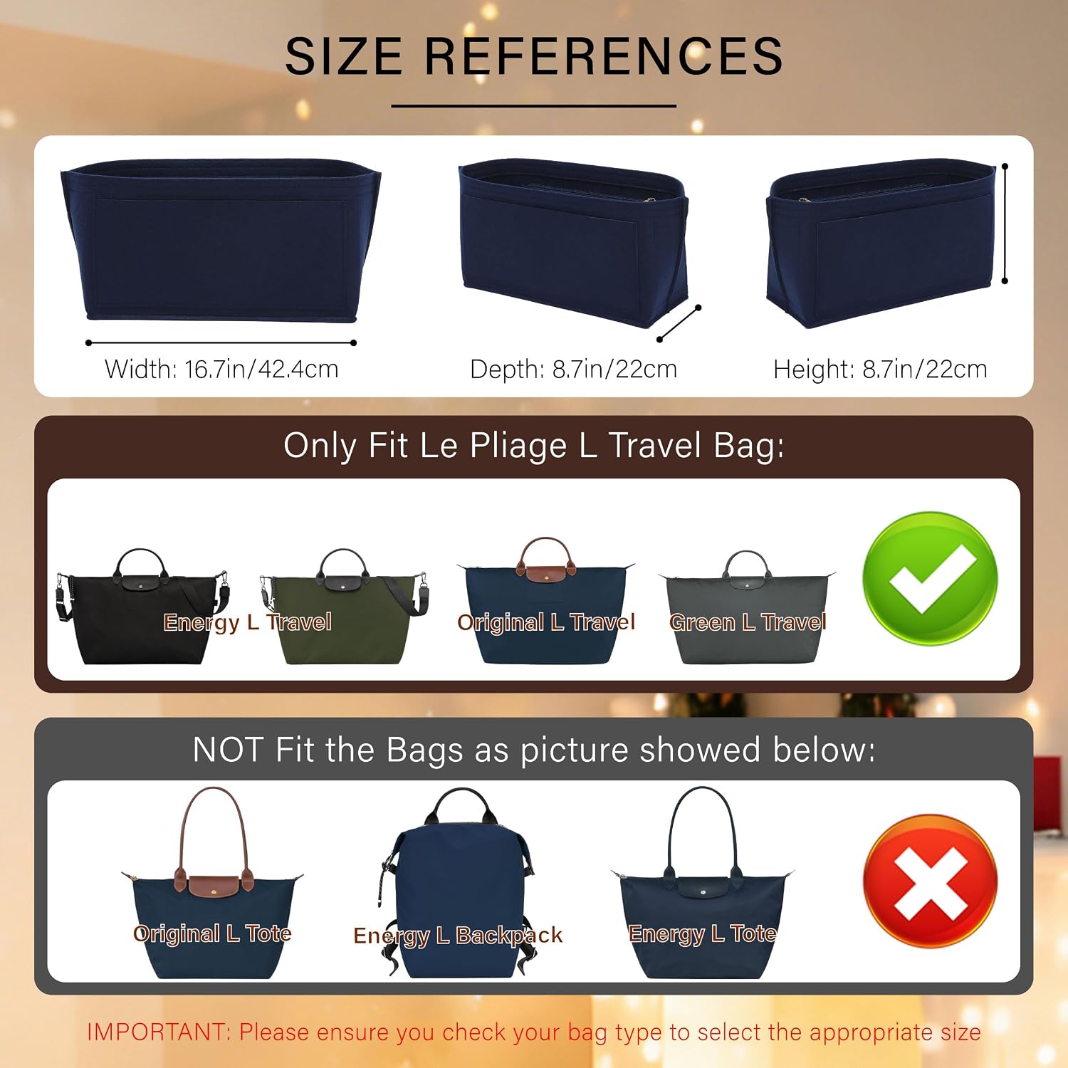 Purse Organizer Insert for Longchamp Le Pliage L Travel Tote Bag, Felt Lightweight Large Travel Tote Divider Shaper with Cup Holder,Zipper Bags Inner Linner with 9 Deepened Pockets,L/Navy-blue