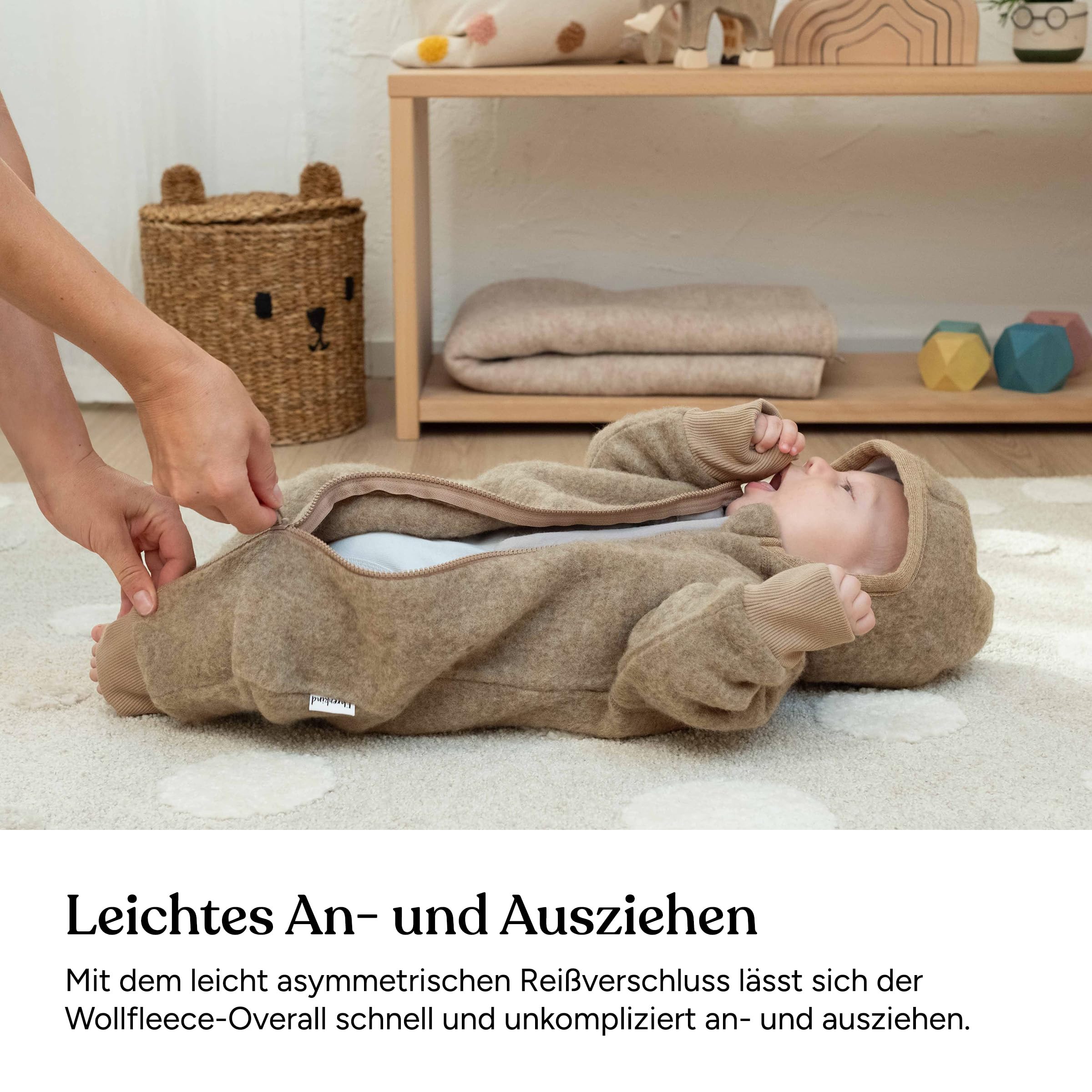 Ehrenkind® Fleeceoverall aus 100% Bio-Merinowolle, Atmungsaktiv & temperaturausgleichend, Wollfleece, Baby Overall mit Kapuze