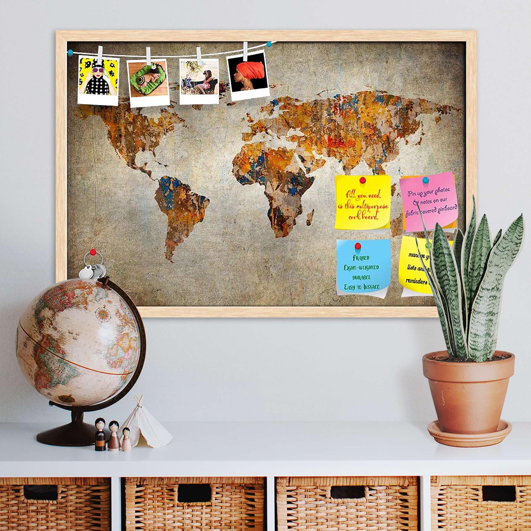 ArtzFolio Photo of Grunge Map of The World Printed Bulletin Board Notice Pin Board Soft Board | Natural Brown Frame 23.6 X 16Inch-image-13