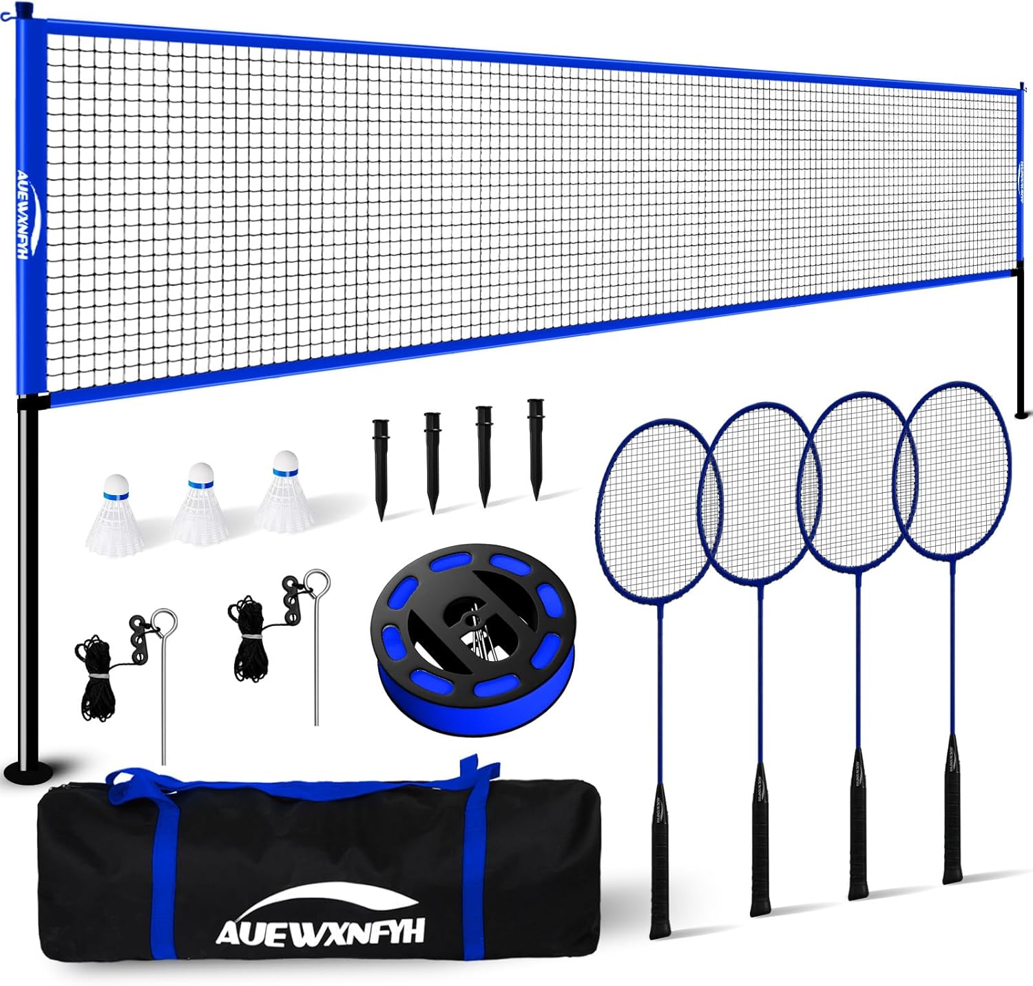 Backyard Badminton Set: Portable Outdoor Net with 4 Performance Rackets, 3 Shuttlecocks & Boundary Line - Complete Heavy-Duty Set for Family Lawn, Grass & Beach Games