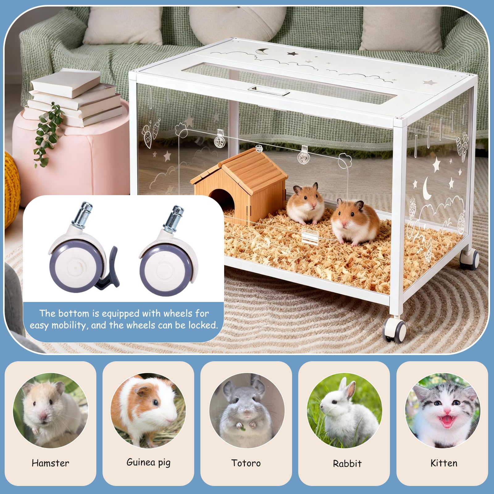 Jaula de hámster para ratas y animales pequeños, jaula de hámster con transparencia de 360 grados, con doble puerta y ruedas, conejillos de indias, roedores, hámster enano, esperma de tejón