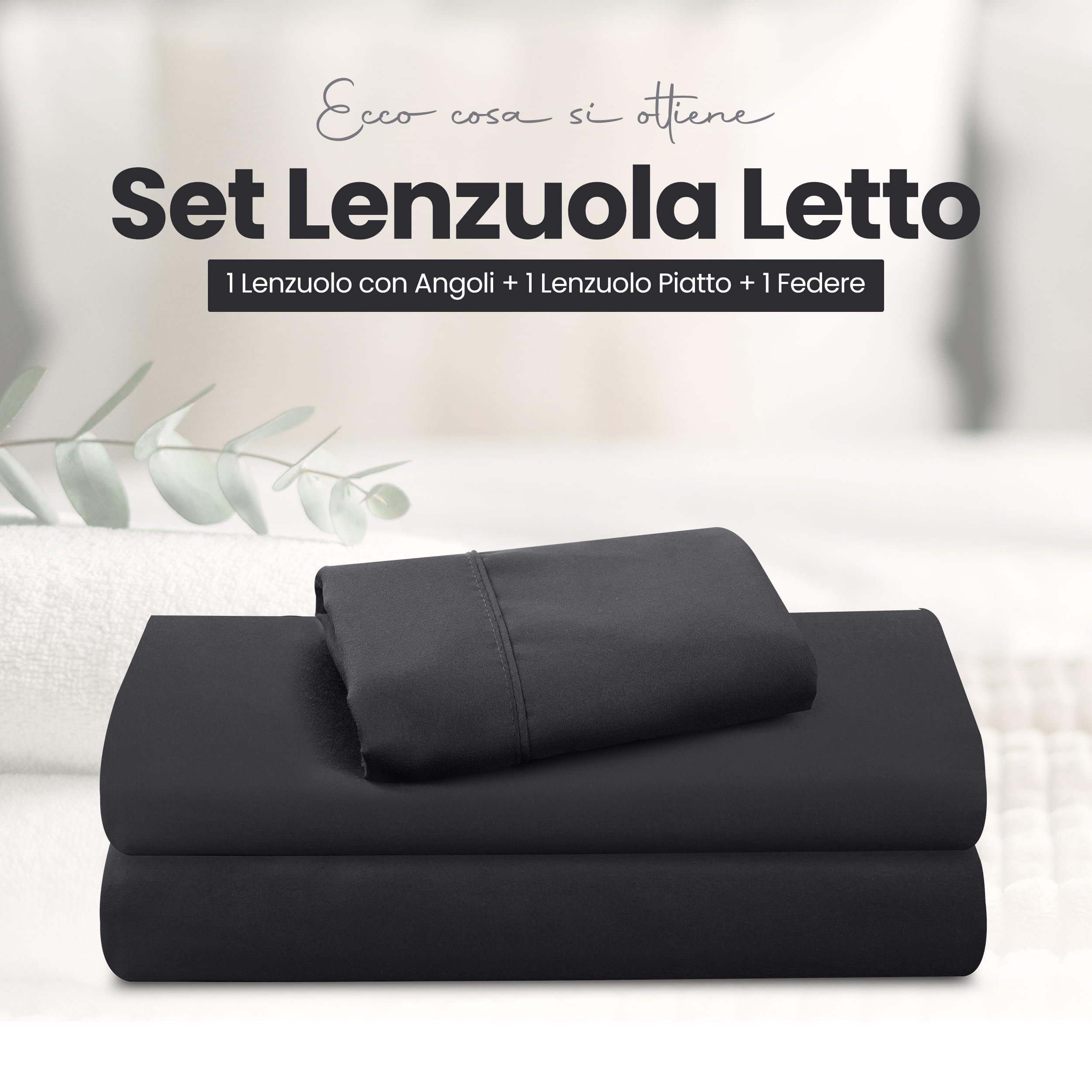 Utopia Bedding - Set Lenzuola Letto Singolo 3 Pezzi 90x190 cm - Spazzolata Poliestre di Microfibra - Oeko-Tex Certificato - Lenzuolo con Angoli, Lenzuolo Piatto e 1 Federa 50x75, Nero