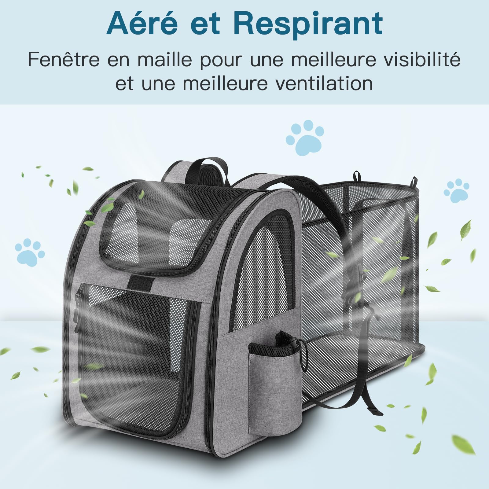Sac à Dos Chat Chien, Extensible Charge Maximale 10kg Sac Transport Chat Chien, Sac a Dos pour Chien Chat avec Fenêtre en Maille, Spacieux Sac Voyage Chat Chien Laisse et Tapis Intégrés - Gris