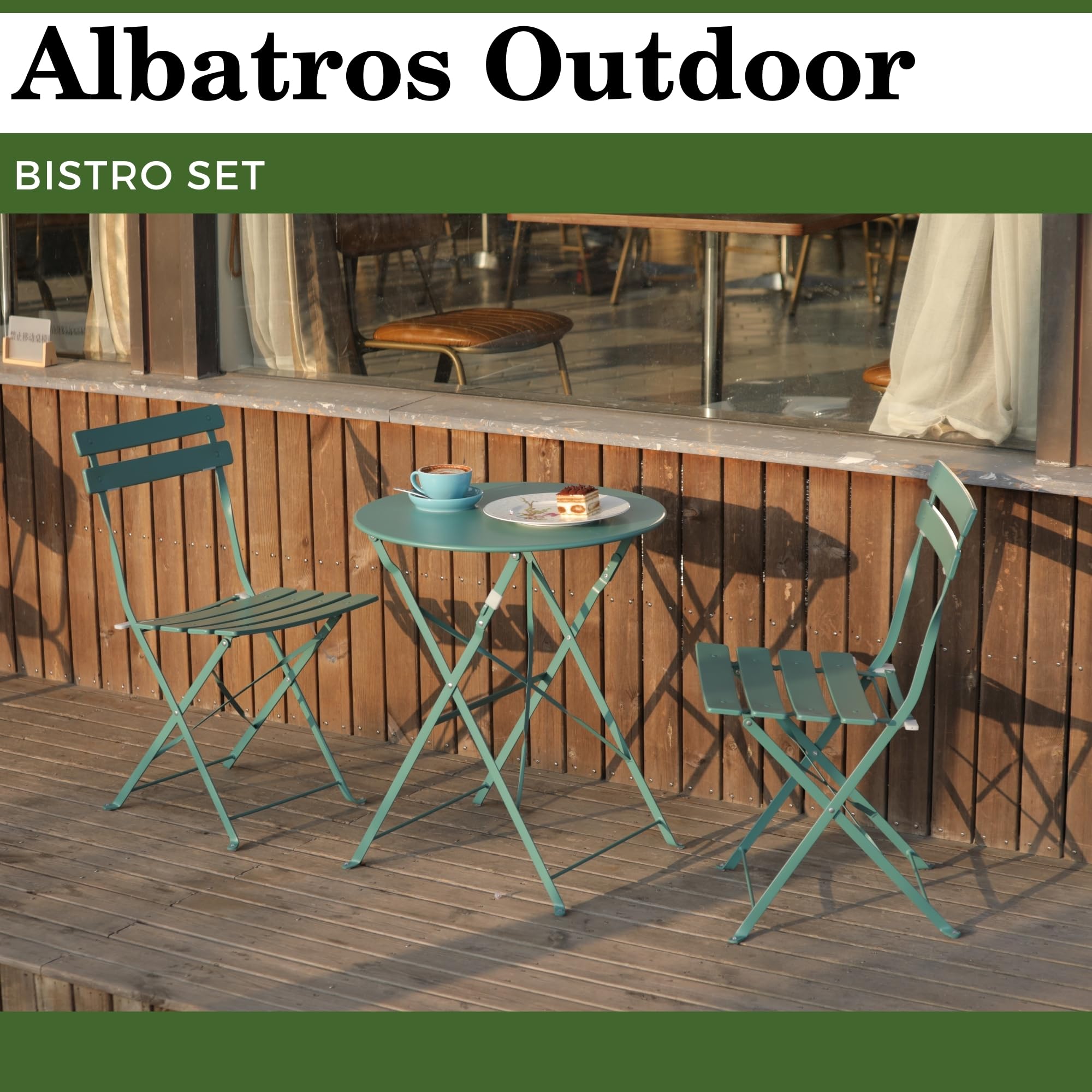 ALBATROS Set da bistrot 3 pezzi verde – tavolo da bistrot con 2 sedie – sedie pieghevoli e tavolo in metallo robusto – ideale come set di mobili da balcone o mobili da giardino dal design moderno