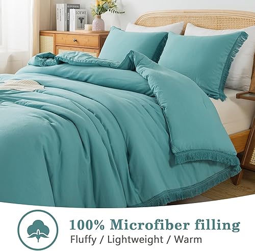 Miniatura 5 de Andency Juego de edredón con borlas color aguamarina, tamaño King (104 x 90 pulgadas), 3 piezas (1 edredón bohemio, 2 fundas de almohada), juego de