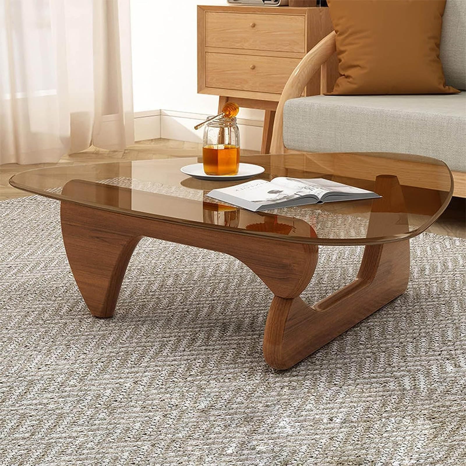 Tavolino Da Caffè Moderno | Vetro Temperato E Base Legno Noce | Triangolare 83x57x40 Cm | Per Soggiorno - Foto 13