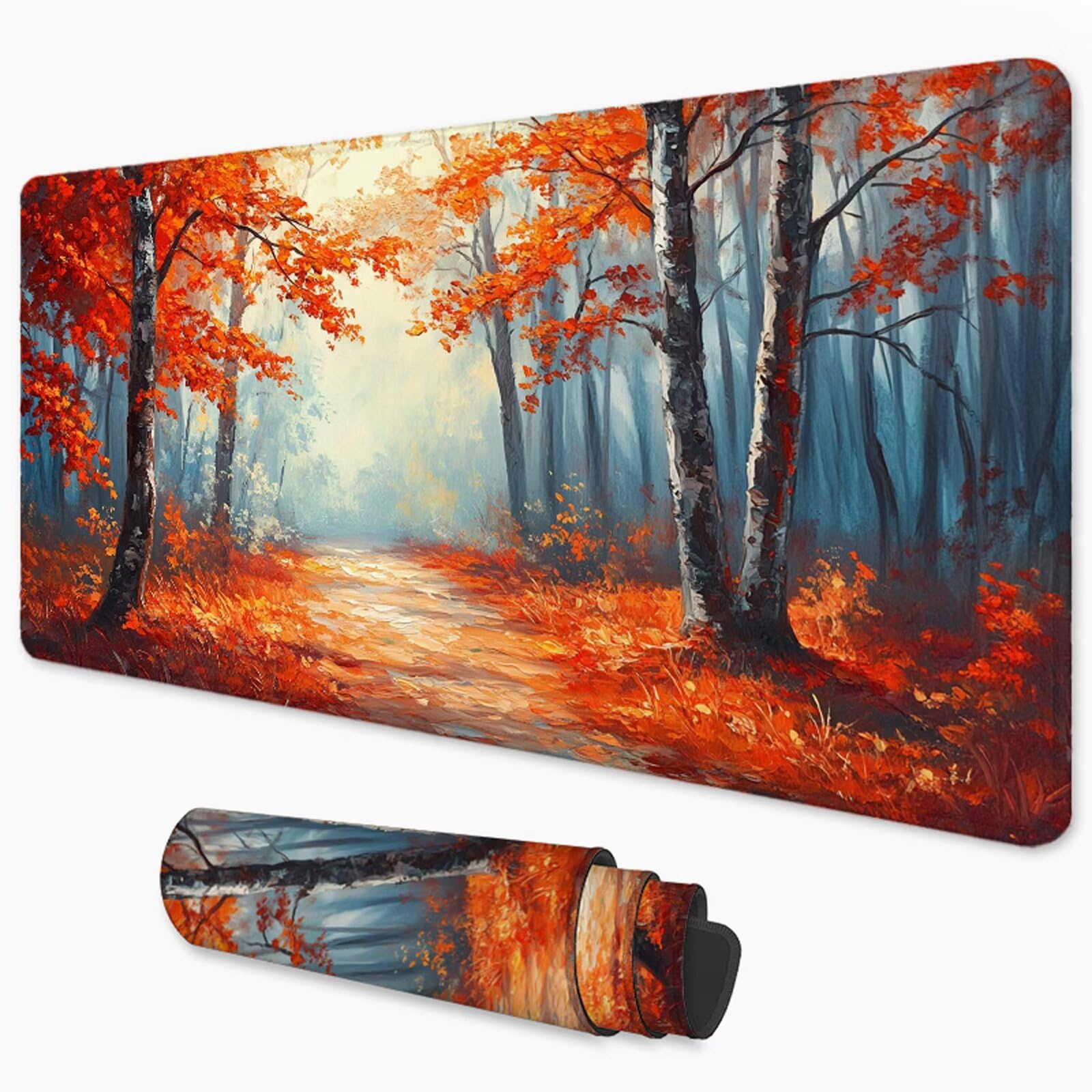 Jesienna podkładka pod mysz XXL 1200 x 600 mm duża antypoślizgowa podkładka pod mysz do gier akcesoria biurowe, wodoodporna podkładka pod mysz z zamykaną krawędzią do biura, domu i pokoju zabaw (las