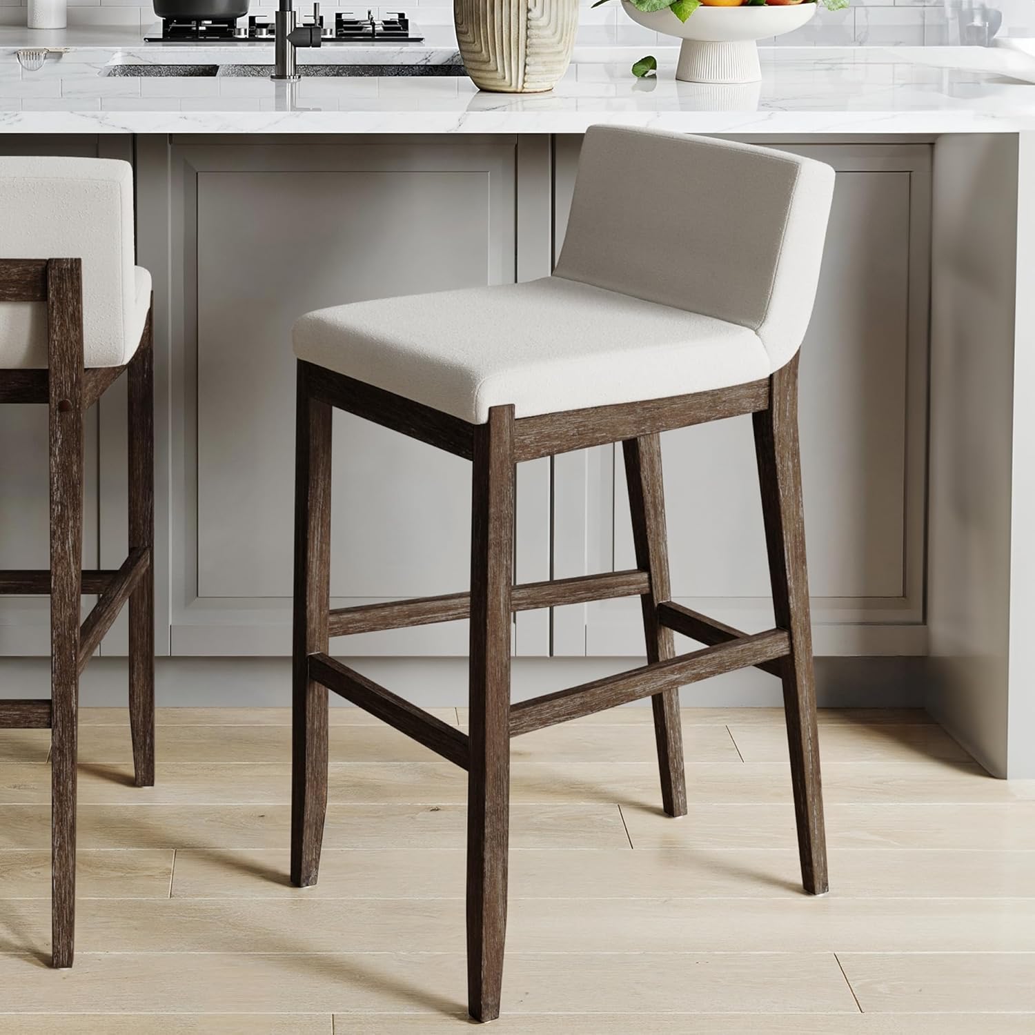 Nathan James Gracie Scandinavian Bar Stool with Back, Wooden Bar Stool for Kitchen Island with Boucle Upholstery, Cream Boucle/Dark Brown