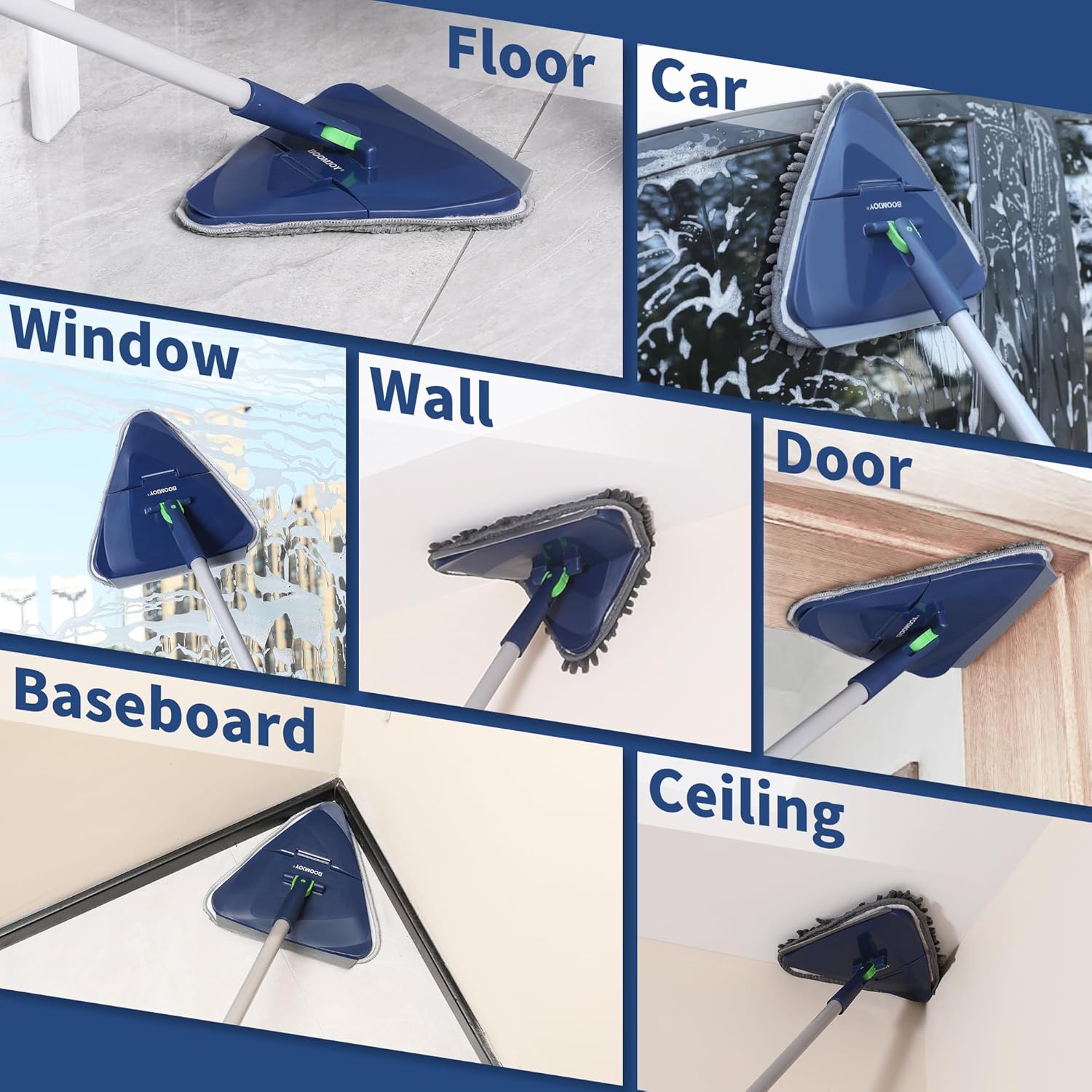 BOOMJOY Wall Cleaner Mop with 82 Inches Long Handle, Baseboard Cleaner Tool Duster with Squeegee, Ceiling Cleaning Tool with 6 Replacement Pads for Painted Walls, Window, Floor - Blue