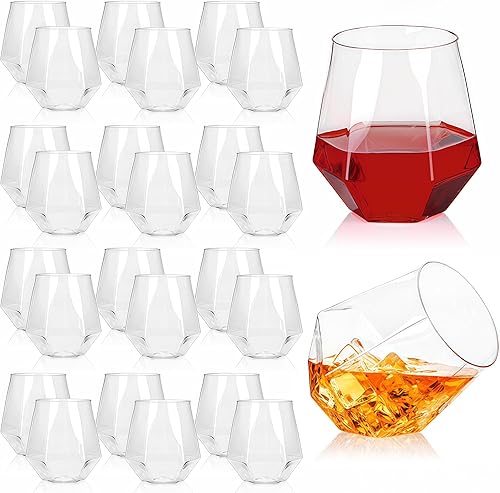 Paquete de 24 copas de vino de plástico sin tallo, copa de vino de diamante irrompible de 12 onzas, cristalería de cóctel desechable transparente,