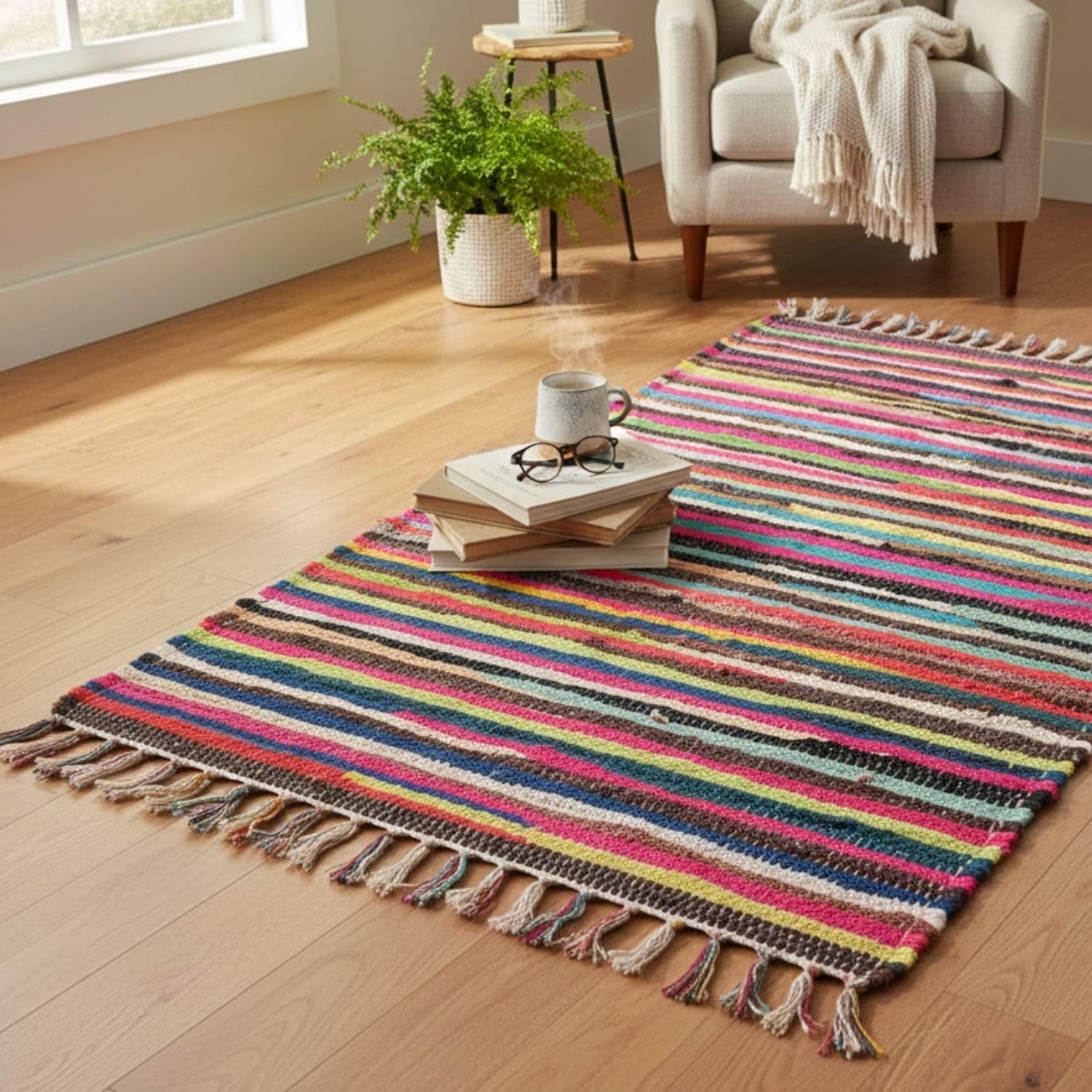 Handmade Chindi Rug, Multi Coloured Stripes, 100% Recycled Cotton Traditional Style Area Rug, Garden Living Room Bedroom indoor Home Decor Mat (160 x 230 cm)
