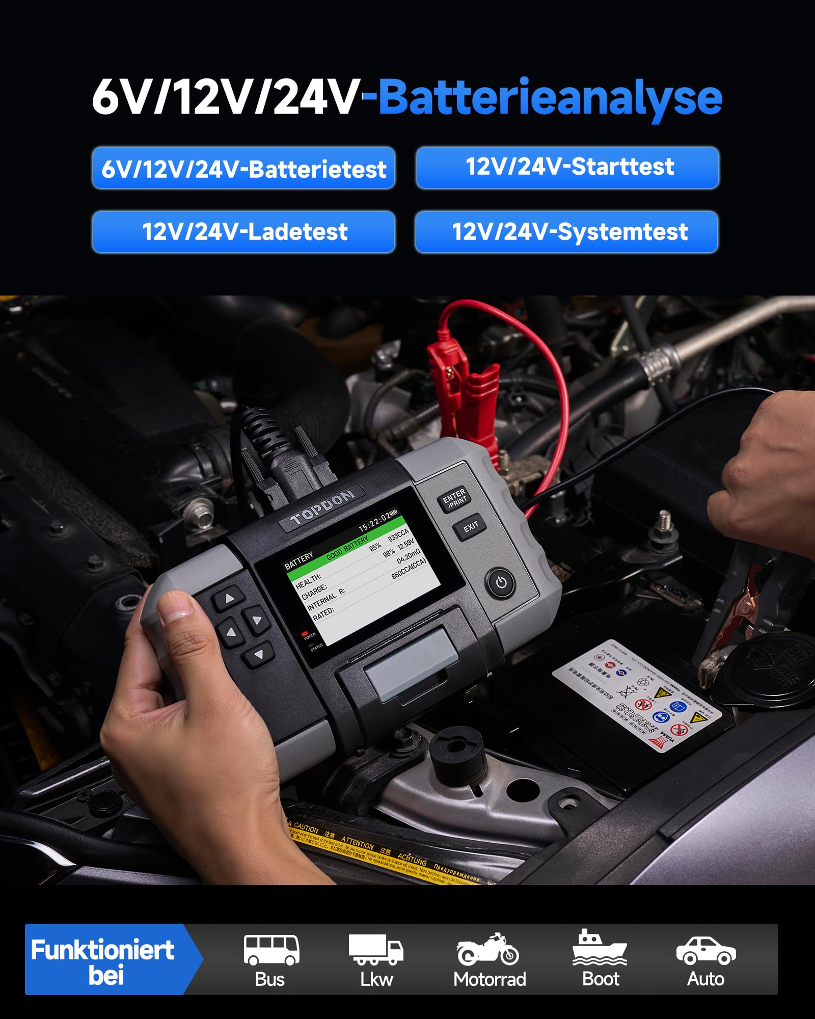 TOPDON Batterietester kfz BT600 Plus, Autobatterie Tester für 6V/12V/24V | 12V/24V Start-, Lade- und Systemtests, Widerstands- und Sequenztests, 3,5" Display mit integriertem Akku und Drucker