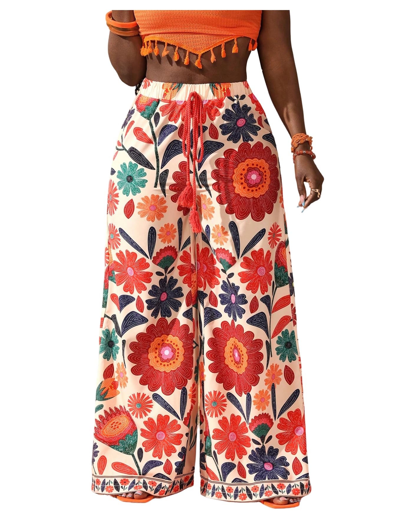 GORGLITTER Womens Plus Size Floral Printed Pants Dressy High Waist Wide Leg Beach Vacation Palazzo Loose Pants Trouser