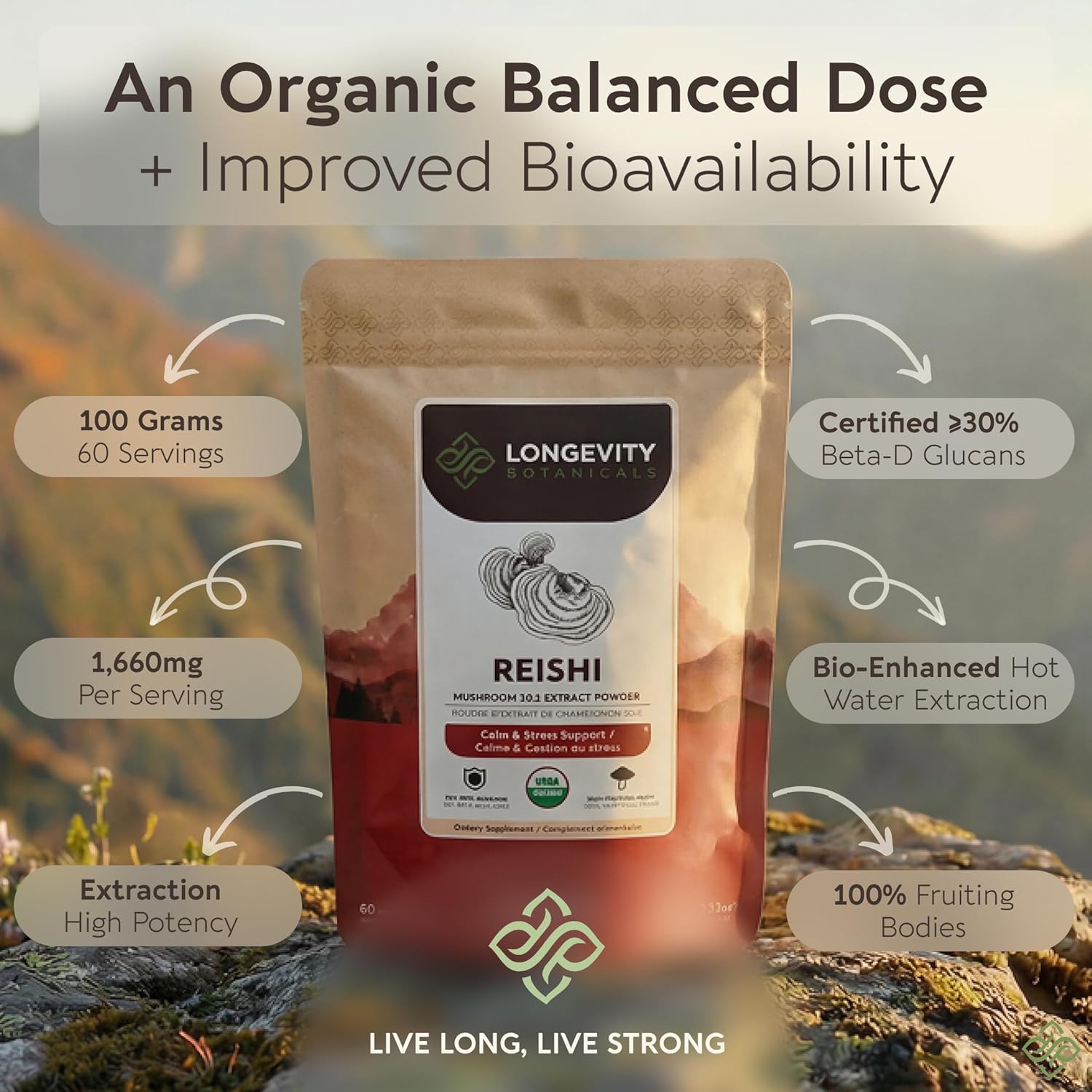 Longevity Botanicals Organic Reishi Mushroom Powder Supplement Extract 100g | Ganoderma Lucidum Fruiting Body | ≥30% Beta-D-Glucans | 60 Servings of 1,660mg | Supports Stress & Immune Wellness