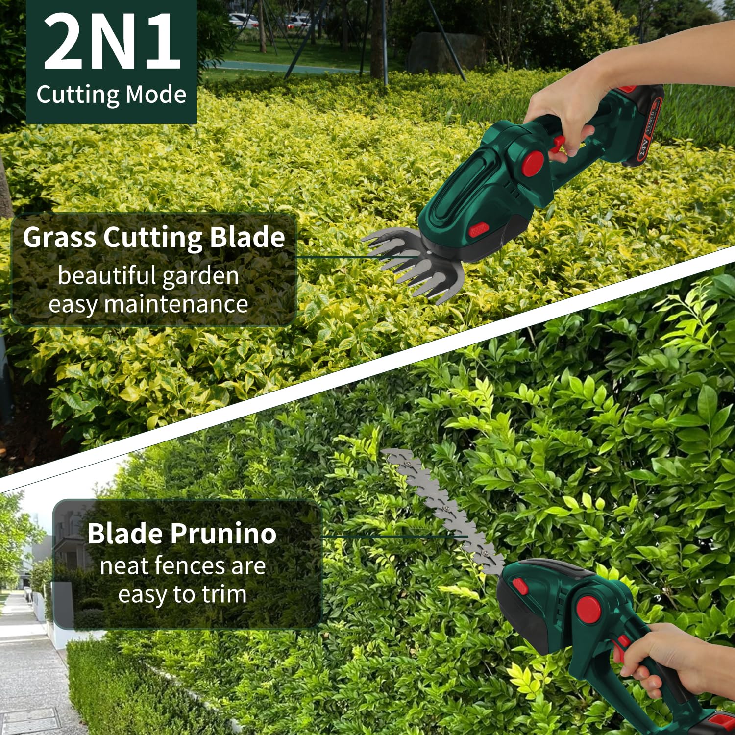 Akku Heckenschere, 21V Elektrische Grasschere, 2-in-1 Strauchschere & Rasenkantenschere mit 4,0Ah Akku, 23cm Heckenschermesser & 12cm Grasmesser, für Garten, Hecken, Büsche, Rasen (Grün)