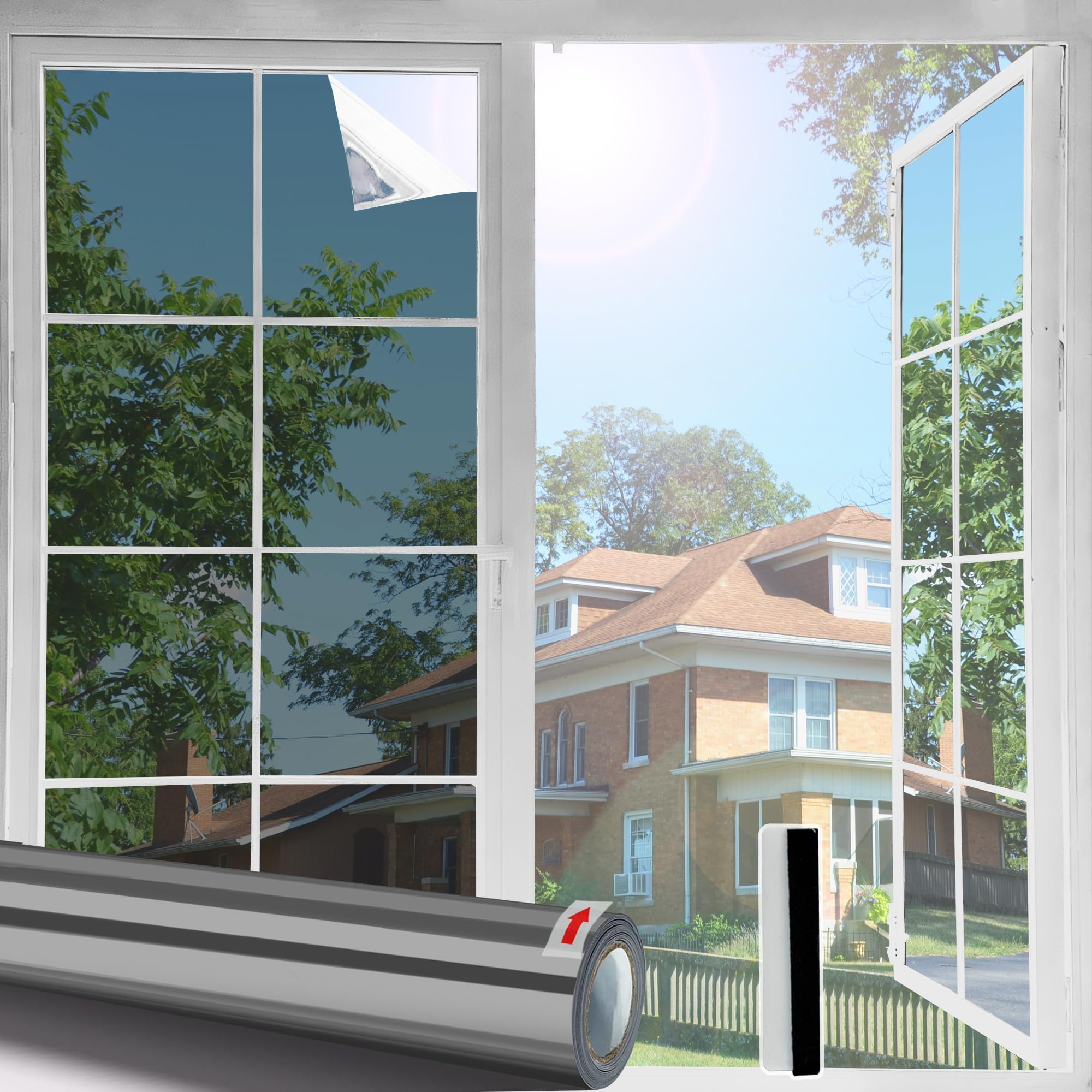 One Way Window Film 90x400 Window Film Privacy Film for Glass Windows Daytime Mirror See Out Not In UV Reflective Anti Glare Sun Blocker, Black Silver, Static Cling