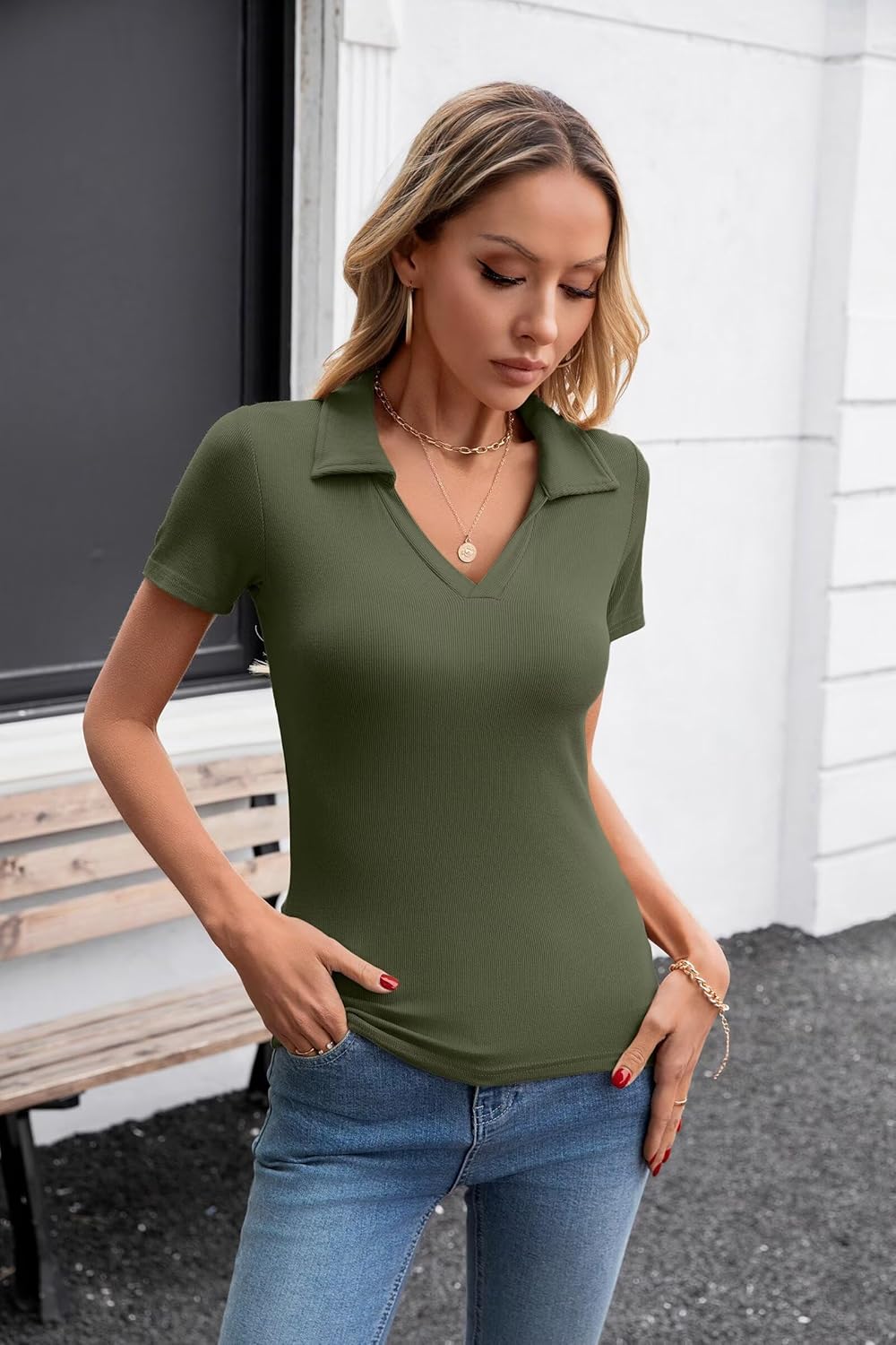 VICHYIE Womens Short Sleeve Shirts Lapel Collared V Neck Slim Fitted Ribbed Knit Tight Polo Tops - Image 2