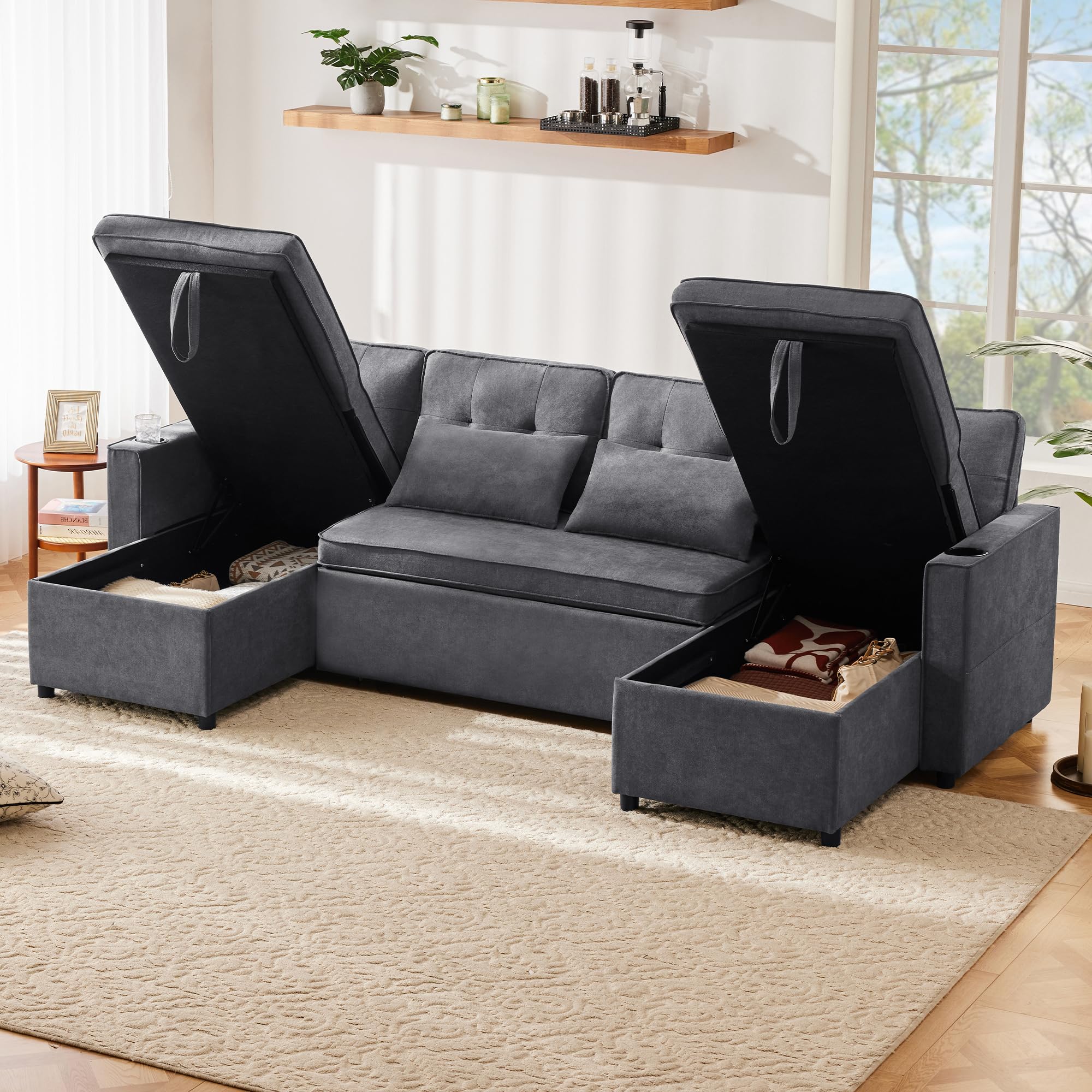 Design moderno, mobili imbottiti, divano a 4 posti, divano a forma di U, divano letto con funzione di sonno, tessuto di lino, con porta bevande, due alloggi, adatto per famiglie, soggiorni e altri