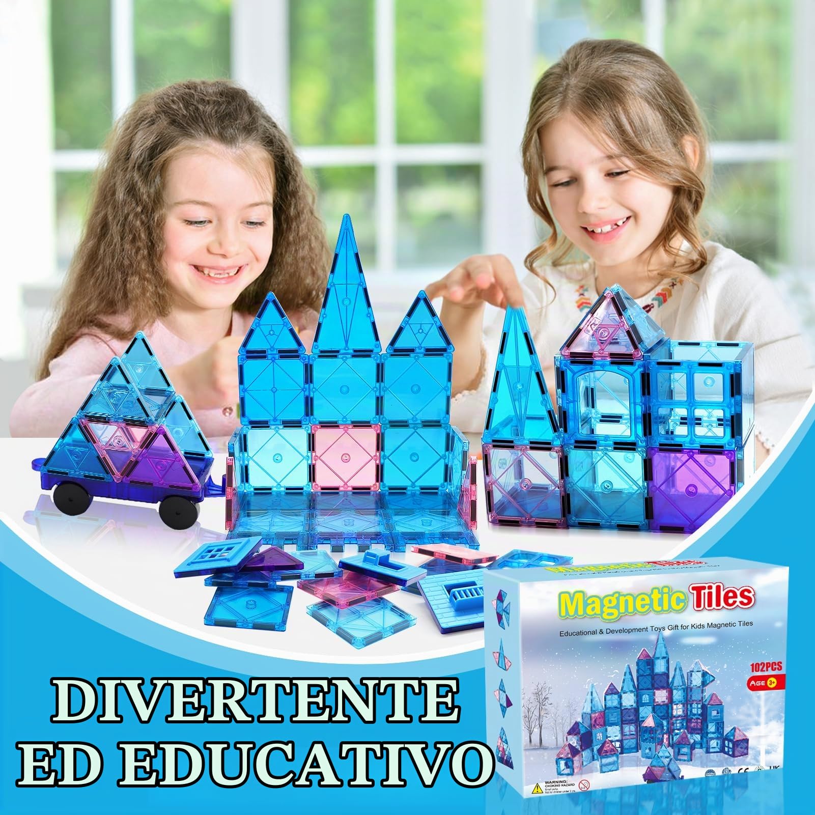 Costruzioni Magnetiche 102 Pezzi Giochi Costruzioni per bambini 2 3 4 anni Educativo Blocchi Magneti Bambini Giocattoli con Ruota Panoramica/2Auto STEM Regalo Bambino 2-4Anni Ragazzi Compleanno Natale