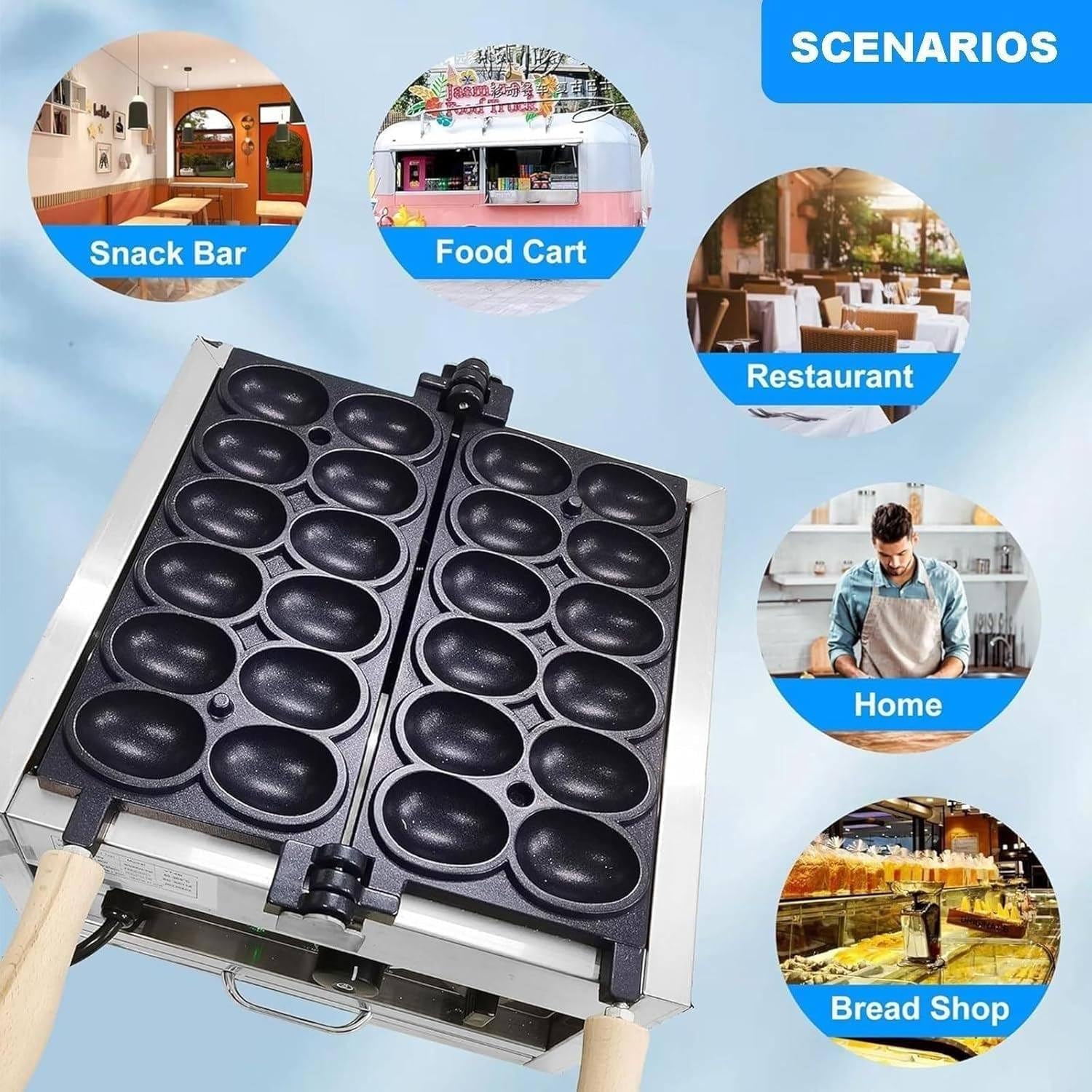 Comercial Gofrera Comercial, MáQuina para Hacer Gofres con Forma de Bola Antiadherente de 1500 W, con Control de Tiempo y Temperatura, para Aperitivos en la Cocina del Hogar
