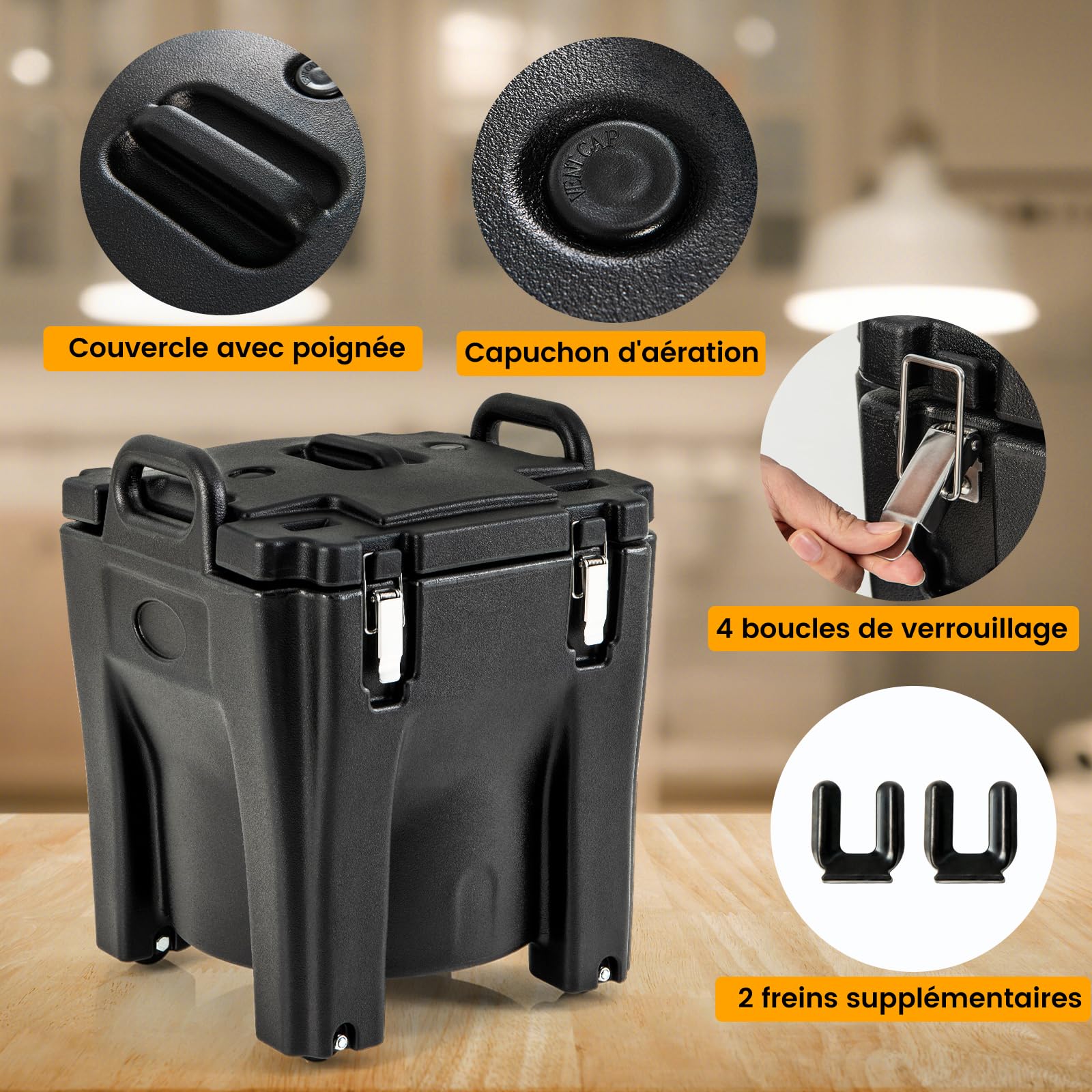 COSTWAY Récipient à Soupe isolé Chauffe-plats Empilable de 30 L, Conteneur Isotherme Portable en Acier Inoxydable avec 2 Poignées Roues à Frein, pour Restauration Camping, Noir