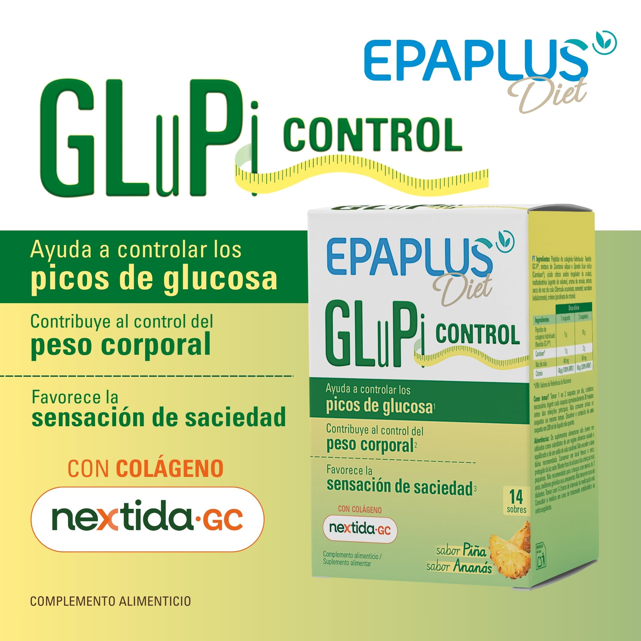 EPAPLUS GluPi Control | Complemento Alimenticio para el Control de Picos de Glucosa | Favorece la Sensación de Saciedad y Apoya el Peso Corporal | Con Cromo y Extractos Vegetales | 14 Sobres