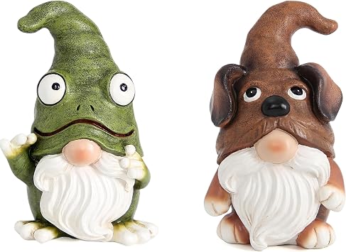 Outdoor Garden Frog Gnome & Puppy Dog Gnome Statue Set, 2-Piece Resin Sculptures for Yard, Lawn, Patio, Front Porch Decor, Green Nomes Ornament Bundle
