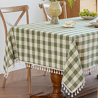 Alsoo Outdoor Green Gingham Tablecloth Rectangle 55 x 106 Inch, Summer Washable Wrinkle Free Table Cloth Linen Cotton Heavy Duty Fabric with Tassel for Camping Picnic Dining
