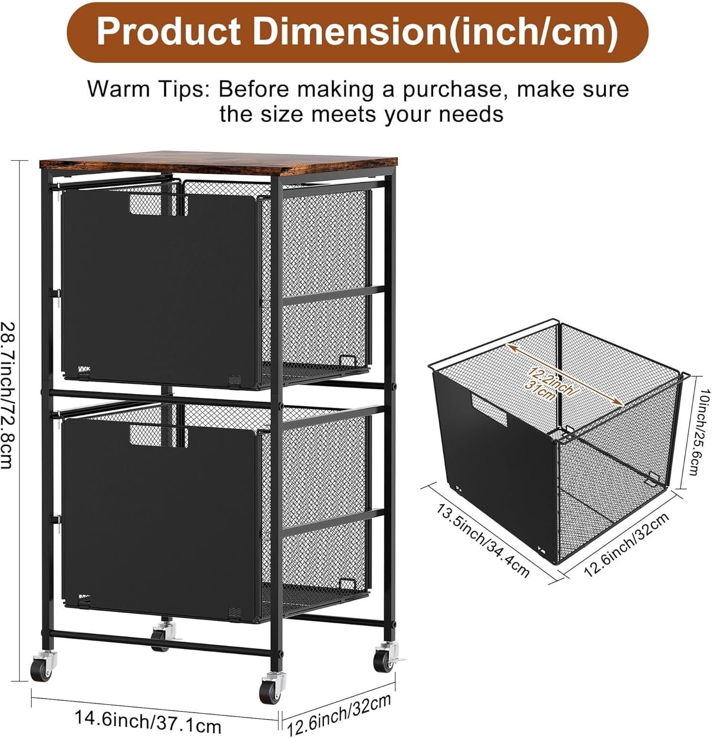 EasyPAG Rolling Storage Cart with 2 Drawers, Under Desk File Cabinet on Lockable Wheels, Movable Letter Size Hanging File Folder Organizer with Wooden Printer Stand for Home Office, Black
