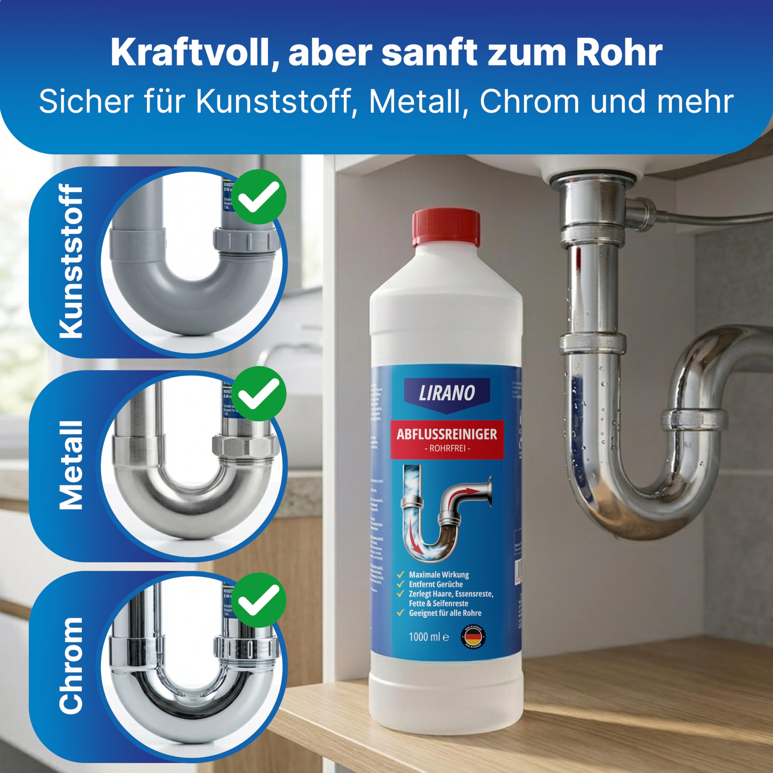 Rohrfrei, Abflussreiniger EXTRA STARK in Profi-Qualität – 1L – löst Haare, Speisereste & hartnäckigsten Rohrverstopfungen – neutralisiert unangenehme Gerüche - biologisch abbaubar - Made in Germany