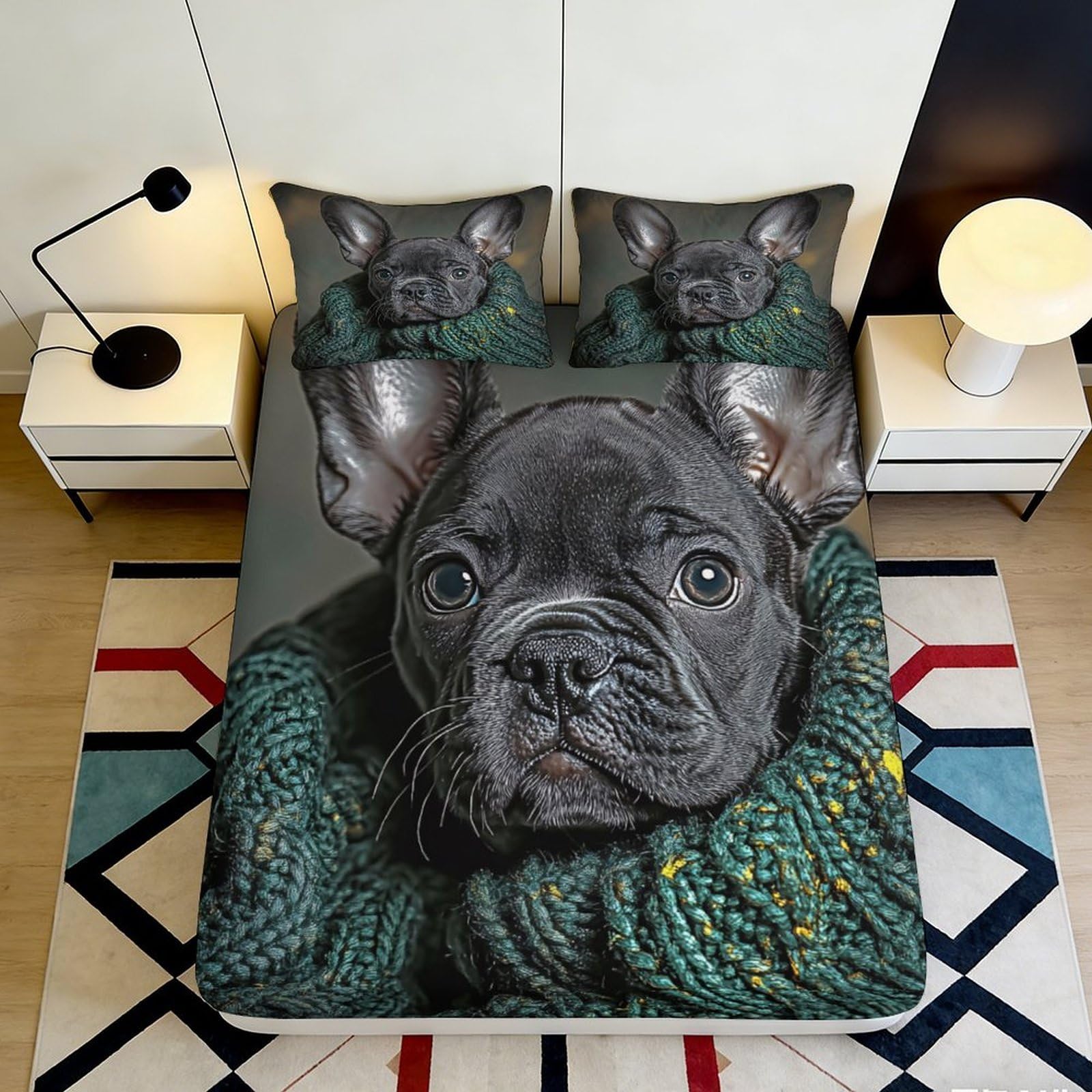 3D Printed French Bulldog Fitted Sheet Microfiber Soft Decorative Dog Pattern Bed Cover for Bedroom Dorm Decor 90x200x25cm