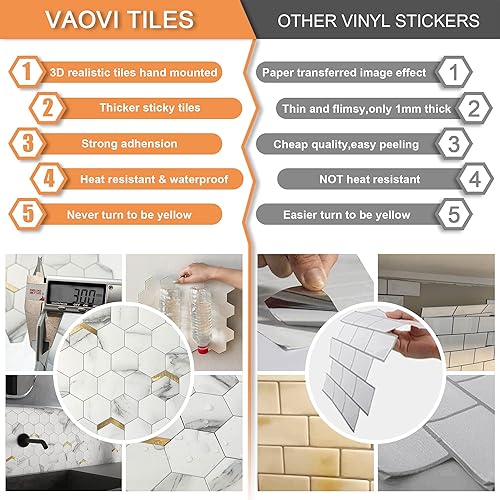Miniatura 7 de VAOVI Azulejo de protección contra salpicaduras para despegar y pegar, azulejos para cocina, paneles de pared hexagonales de mármol (10 unidades,