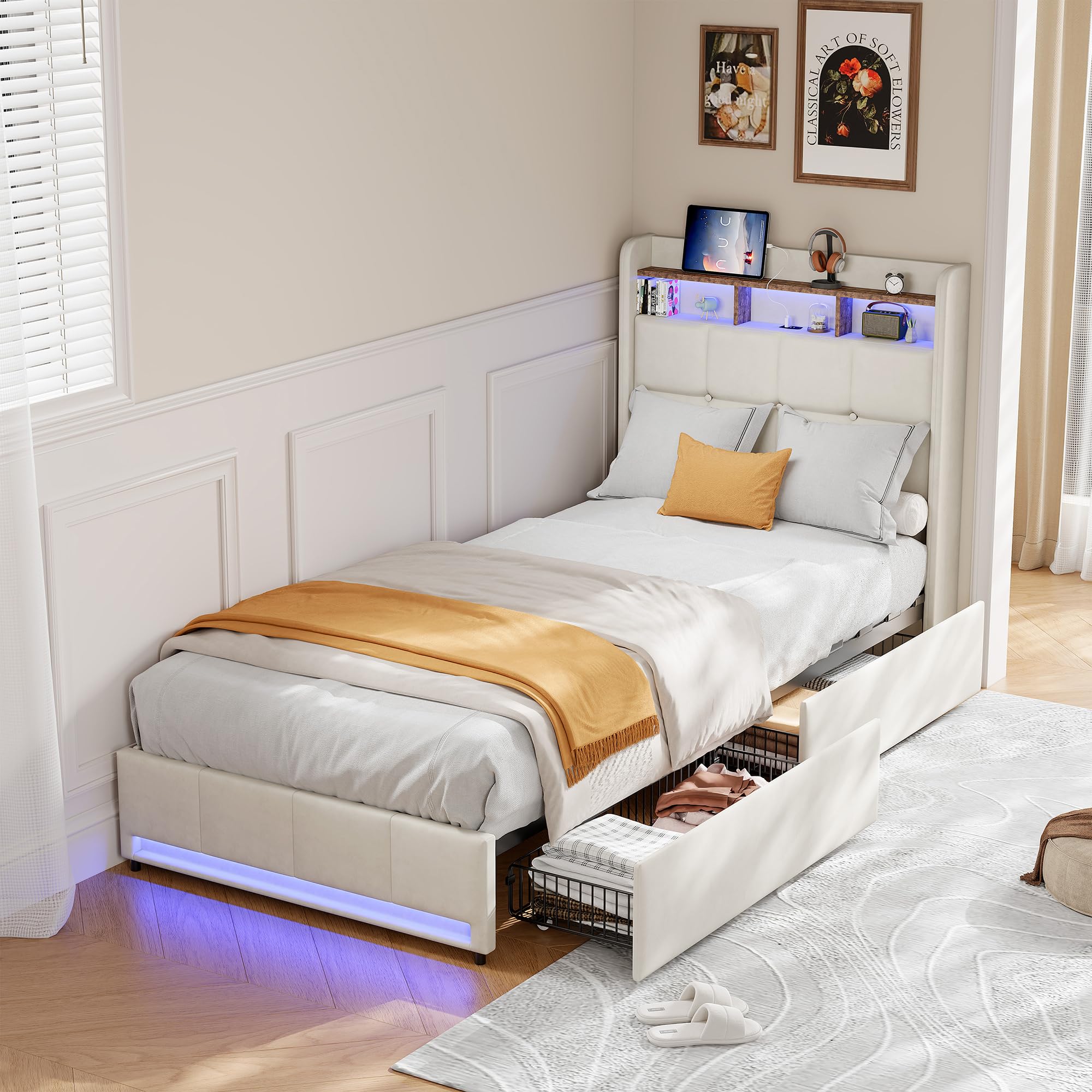 Letto imbottito 90 x 200 cm con vano portaoggetti, letto singolo con cassetti, letto per ragazzi con illuminazione a LED e stazione di ricarica, telaio in metallo e rete a doghe in legno