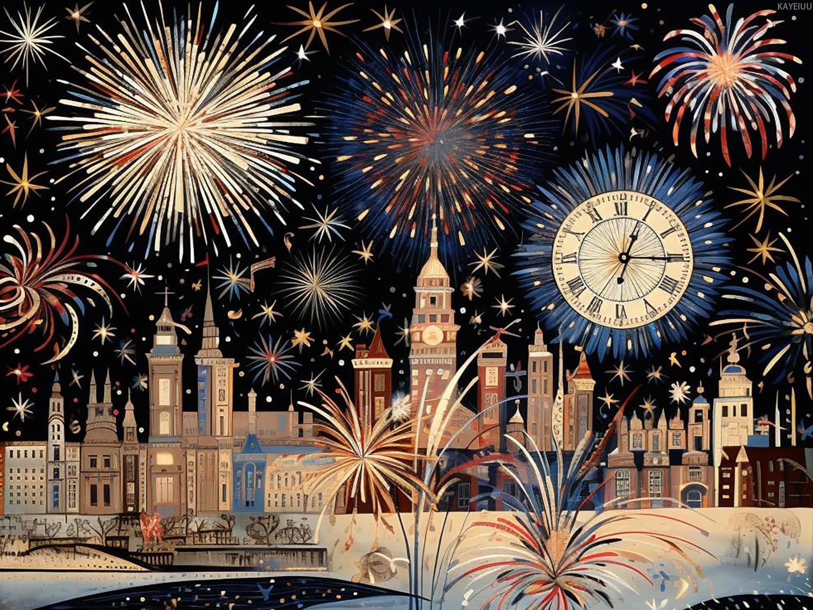 KAYEIUU Pintura de diamantes 5D con diseño de fuegos artificiales de Feliz Año Nuevo para adultos, kit de pintura de diamante redondo por números para principiantes, gemas, punto de cruz para