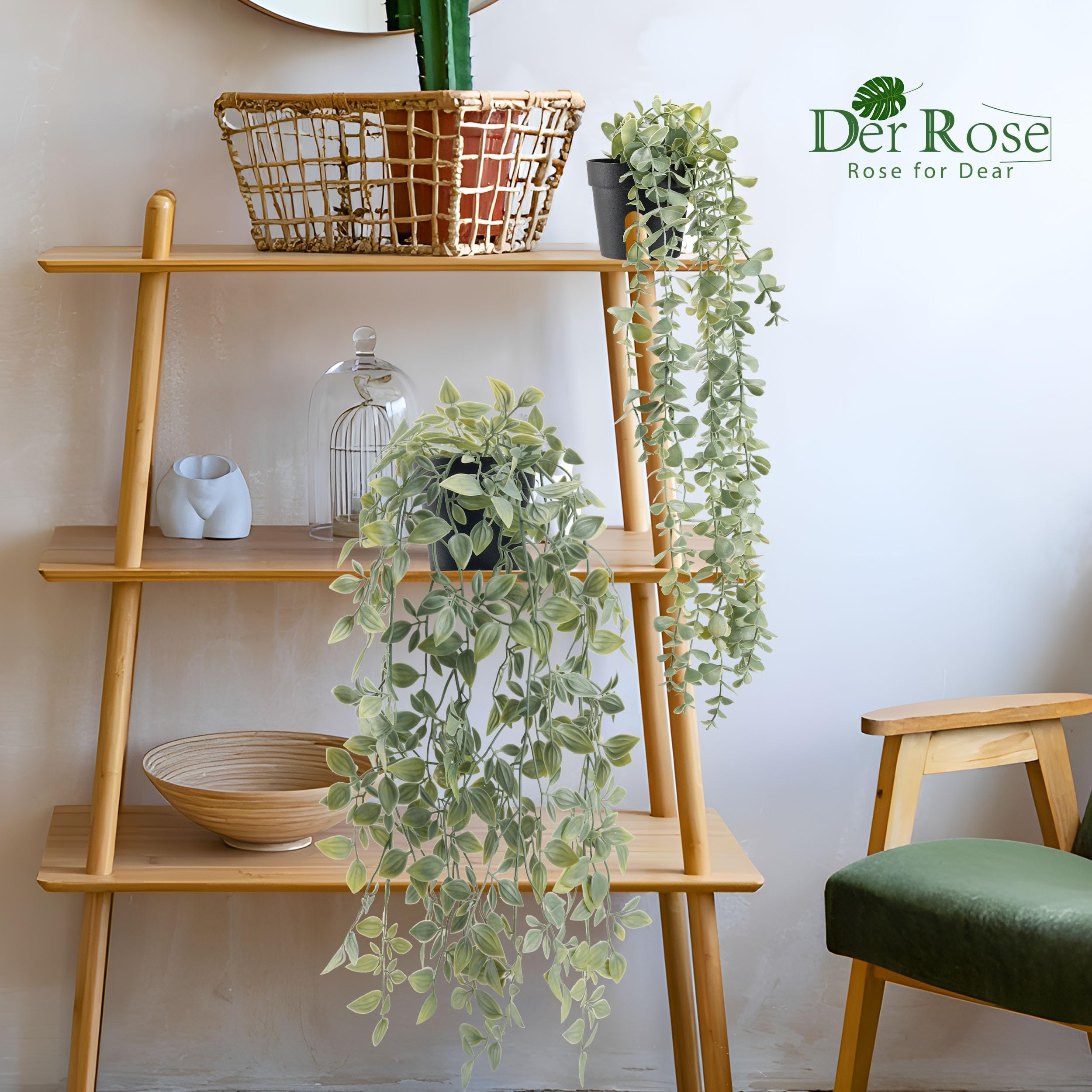 Der Rose Fake Plants Hanging Artificial Faux Plant Potted Eucalyptus Plants for Indoor Boho Bedroom Bathroom Home Wall Shelf Decor 2Pack - Image 2
