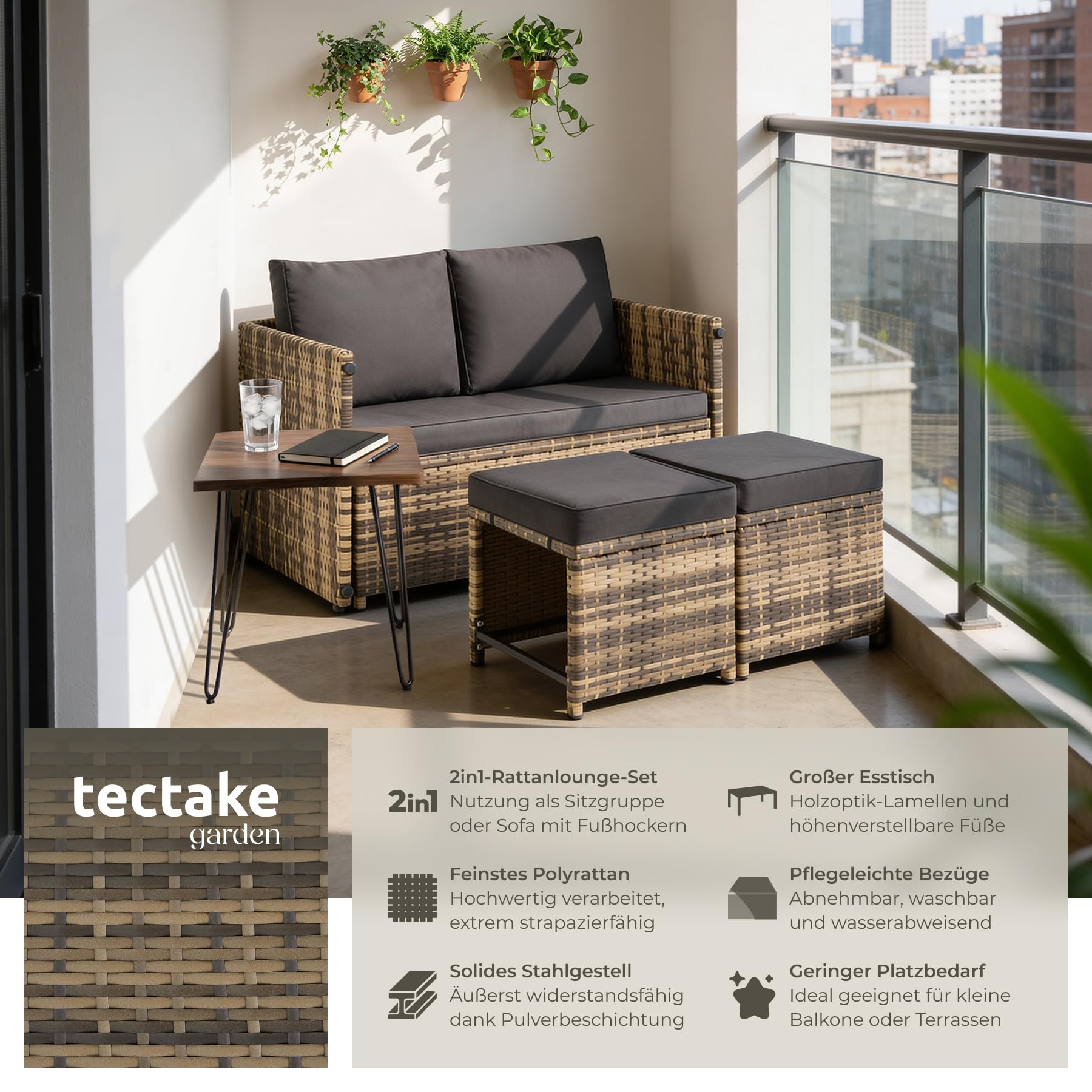 tectake® 2in1 Rattanlounge für 4 Personen, Set mit Tisch mit Schraubfüßen, Tischoberfläche in Holzoptik, Polyrattan Gartenmöbel, als Gartensofa oder Sitzgruppe, Terrassenmöbel, Outdoor Lounge – Natur