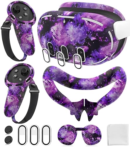 Silicone Cover Set Compatible with Meta/Oculus Quest 3 Accessories, Controller Grips, VR Shell Cover, Facial Interface Cover, Protective Lens Cover, Tempered Glass Lens Caps, Not Fit Quest 3S - Aurora Purple
