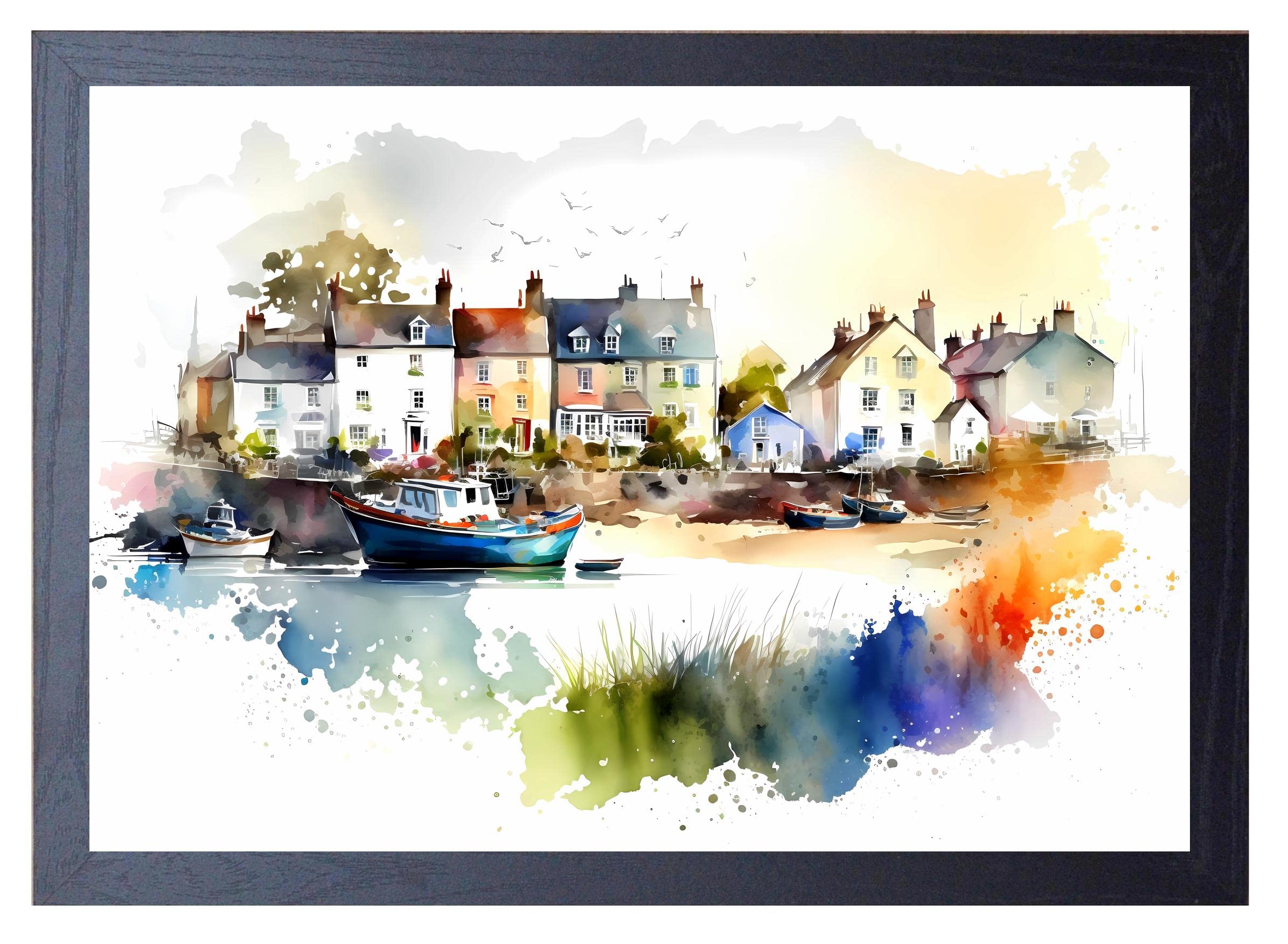 Beauitiful vivid fine art print of a Seaside Fishing Harbour painting (picture 4) Print size 29.7cm x 21cm