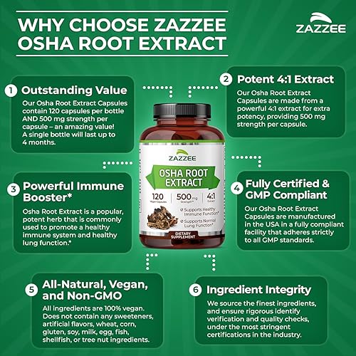Miniatura 6 de Zazzee Extracto de raíz 4:1 de OSHA, 500 mg de fuerza, 120 cápsulas veganas, suministro para 4 meses, extracto concentrado y estandarizado 4X, 100%