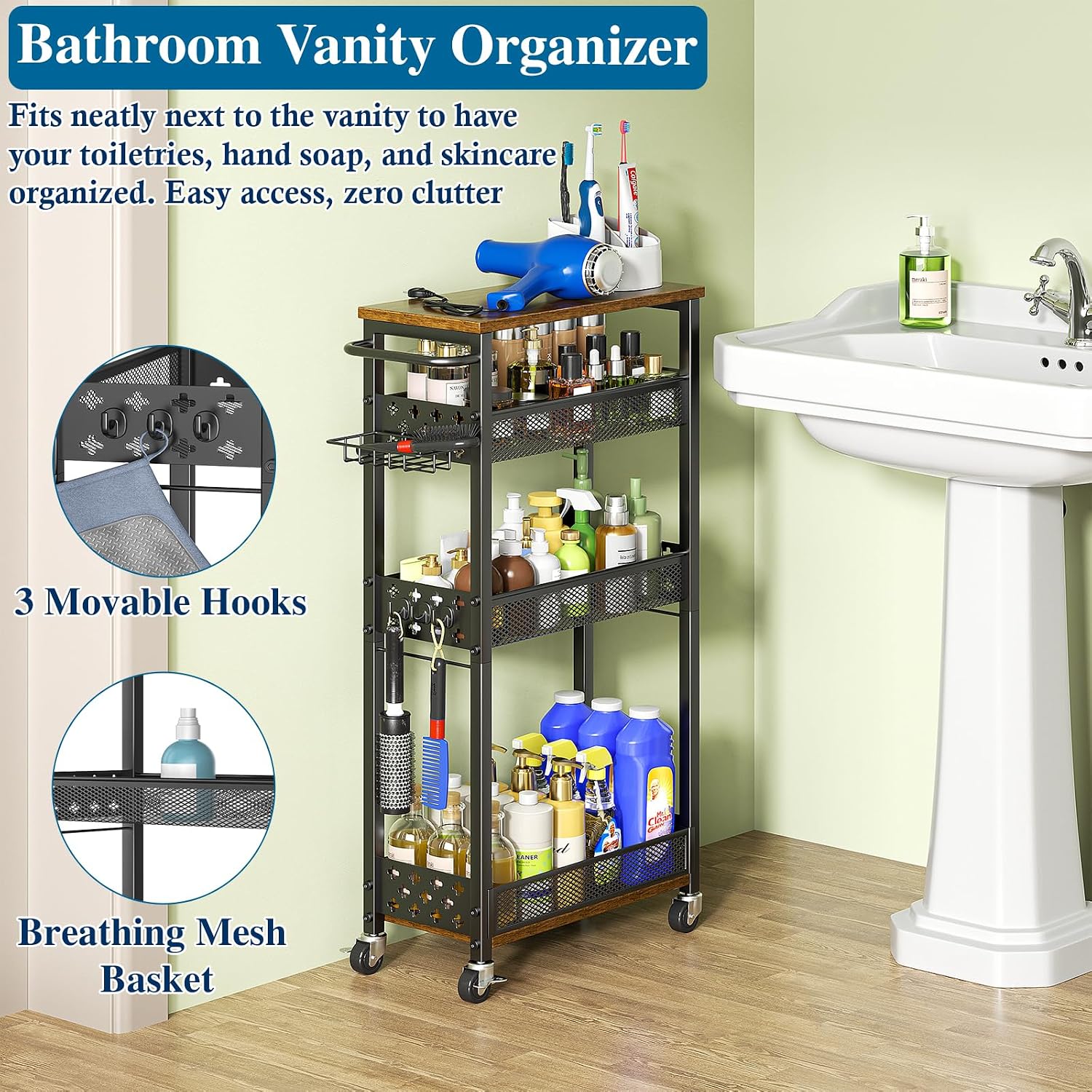 OKZEST Laundry Room Organization Cart with Detergent Dispenser - 4-Tier Slim Rolling Storage for Between Washer & Dryer, Fits Tall Bottles, Rustproof Metal Mesh Shelves, Chic Wood Top & Premium Wheels