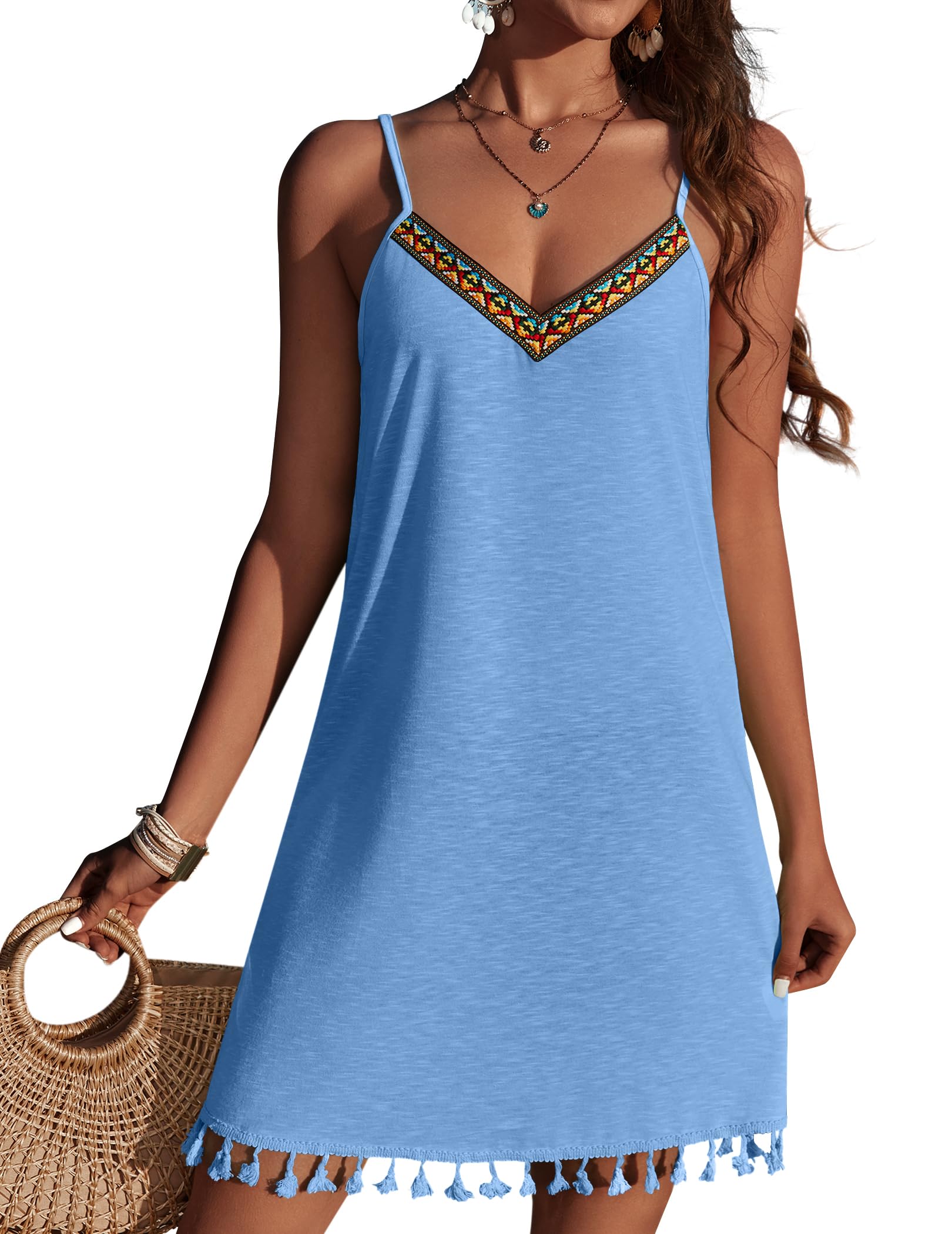 Ekouaer Damen Strandkleid Sommer Strandponcho Kurz Bikini Cover Up Strandkleid Boho Tunika V-Ausschnitt Leicht Strandponcho,S-XXL