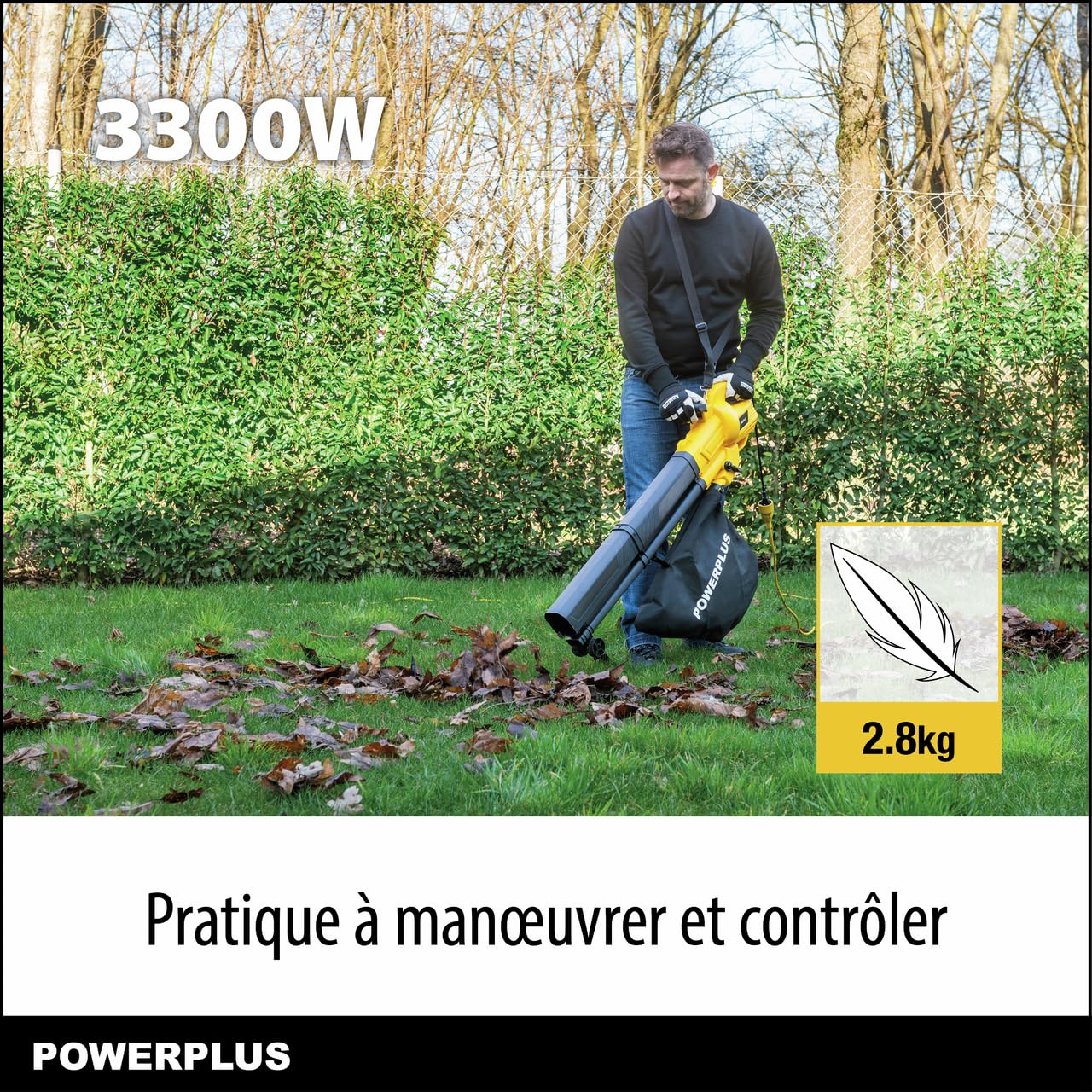 Powerplus Soffiatore elettrico POWEG4030-3300 W soffiatore di foglie elettrico, velocità massima dell'aria 250 km/h, attrezzi da giardino