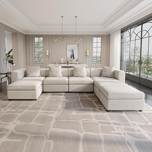 Sofá modular de terciopelo, moderno sofá de gran tamaño de 7 plazas con 4 almohadas y reposapiés de almacenamiento, sofá convertible con cojines,