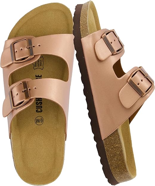 CUSHIONAIRE Lane Cork Footbed Sandals for Women Comfortable Double Buckle Slip-On with Genuine Suede Footbed & Arch Support Slides for Women Footwear