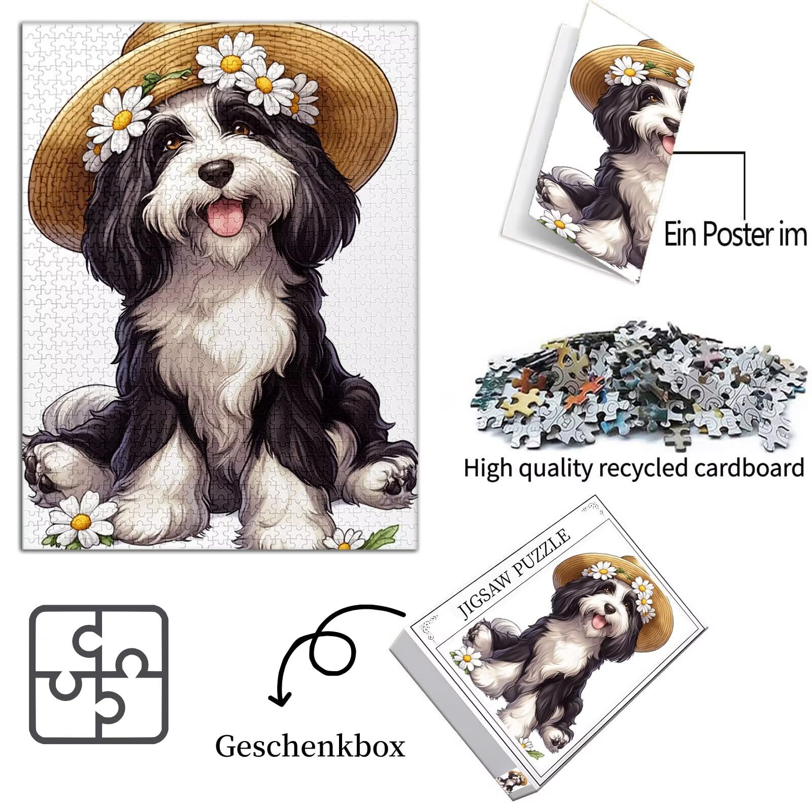 Pies Puzzle 1000 sztuk Dorosłych, Puzzle Zwierząt Wzór Projekt, Jigsaw Dorosłych, 5D DIY Rzemiosło Rodzina Zajęcia z Pakowaniem Pudełka, Dekoracja ścienna do domu, Prezent Kobiety, 75 x 50 cm