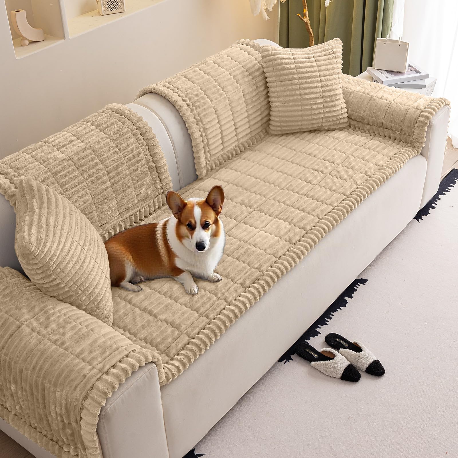 VFGFDJNDFX slumber paws sofa covers, Corduroy Sofa Cover 1 2 3 4 Seater, Non-Slip Plush Sectional Sofa Slipcovers, Pet Proof Furniture Protector (Serene Coffee,70 * 70cm)