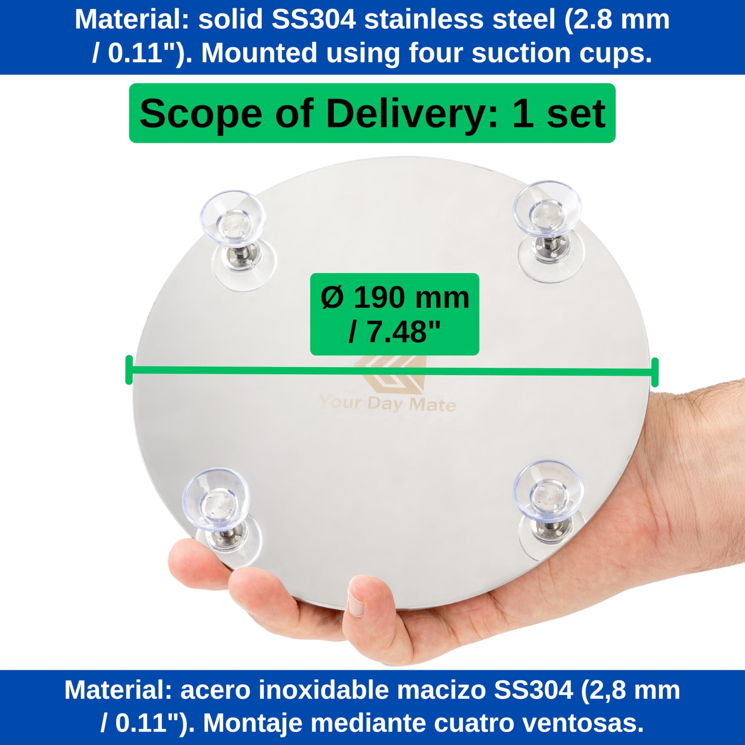 Coperchio universale per scarico doccia, Ø 190 mm, in acciaio inox da 2,8 mm, installazione a ventosa, compatibile con tutte le marche come Viega, Grohe, Geberit, Dallmer, Wirquin, ecc.