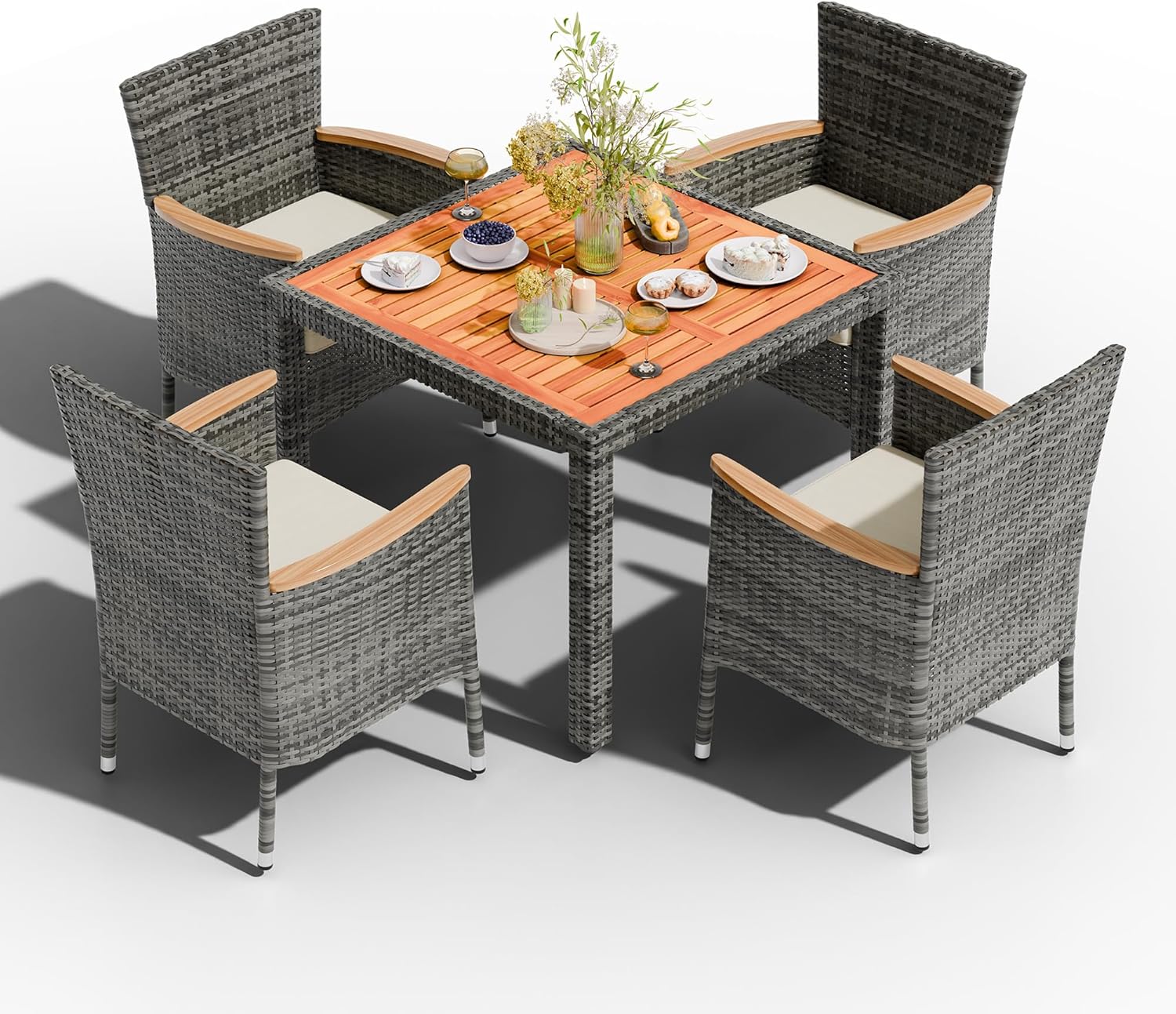 Shintenchi Patio Dining Set, Wicker Patio Conversation Set with Wooden Table Top, Outdoor Table and Chairs with Soft Cushions for Backyard, Deck and Garden
