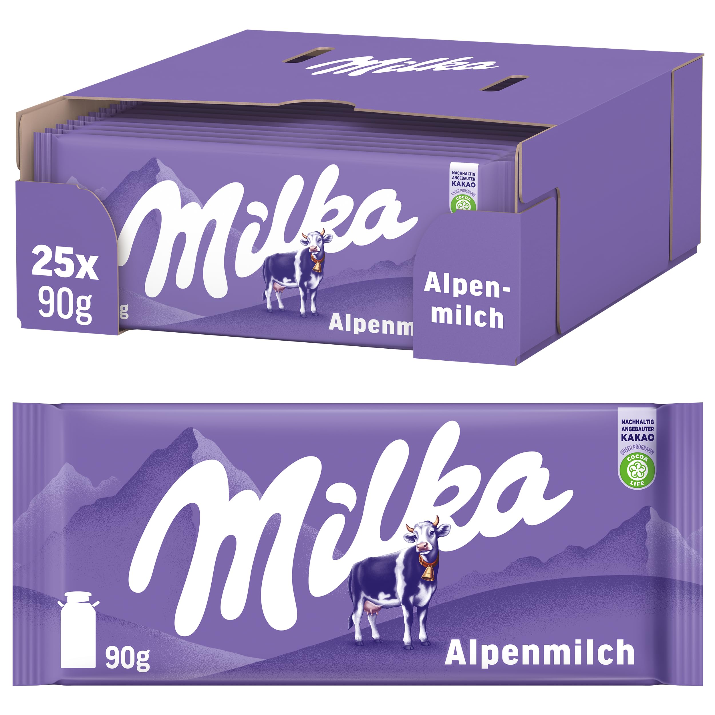 Milka Alpenmilch-Schokolade – klassische Tafelschokolade aus zarter Alpenmilch im Vorratspack – 25 x 90g