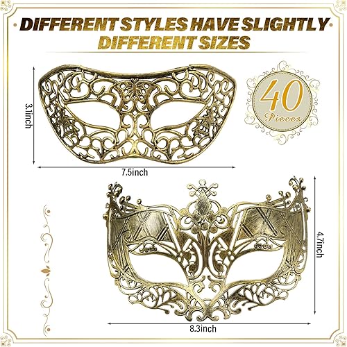 Vista 2 de Yunsailing 40 máscaras venecianas antiguas vintage para hombres y mujeres, para desfile, fiesta, actuación, bar, carnaval (dorado)